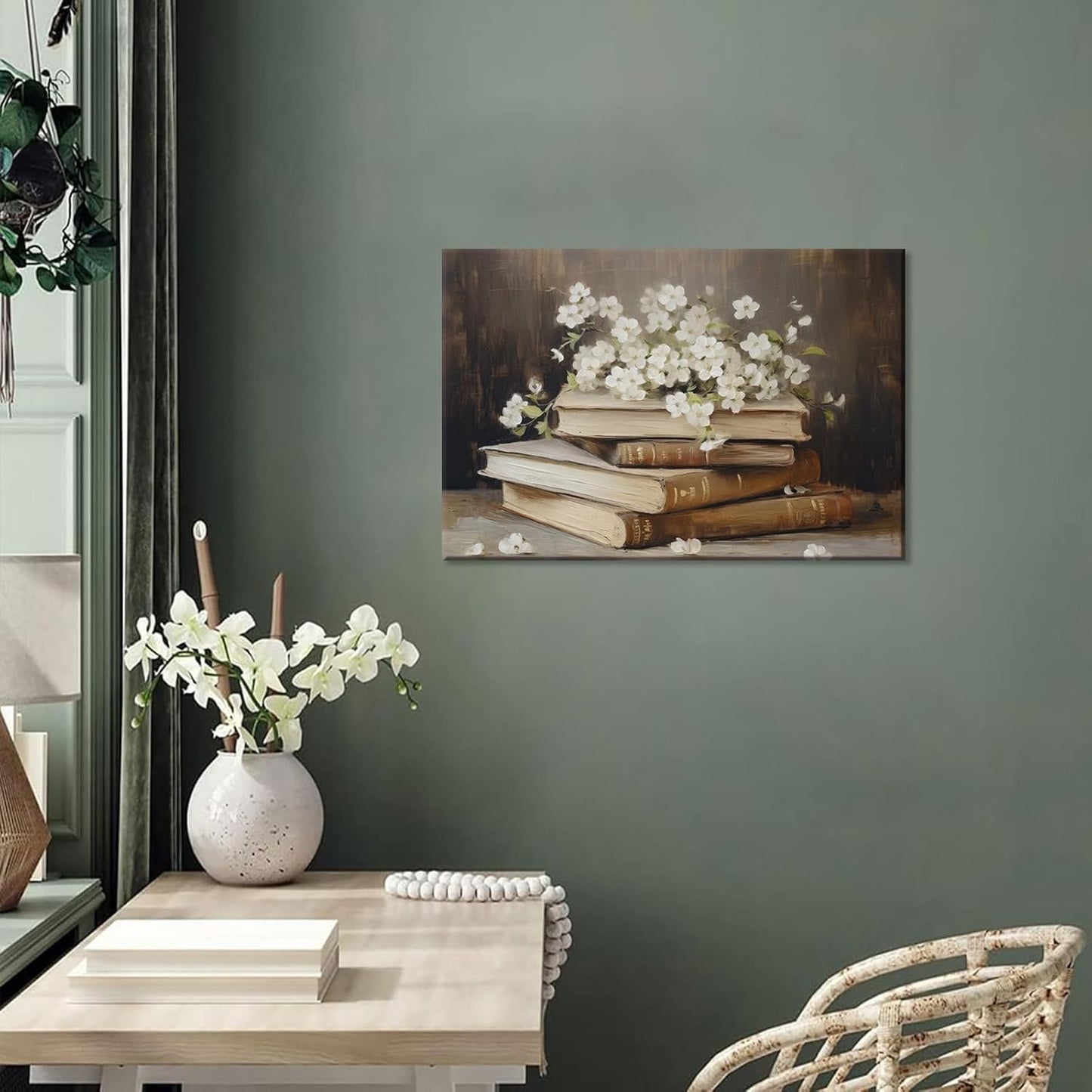 Vintage Flower Books Wall Art Rustic Antique Floral Still Life Painting Prints Light Academia Aesthetic Gallery Posters Pictures Spring Minimalist Botanical Moody Library Canvas Wall Decor Framed