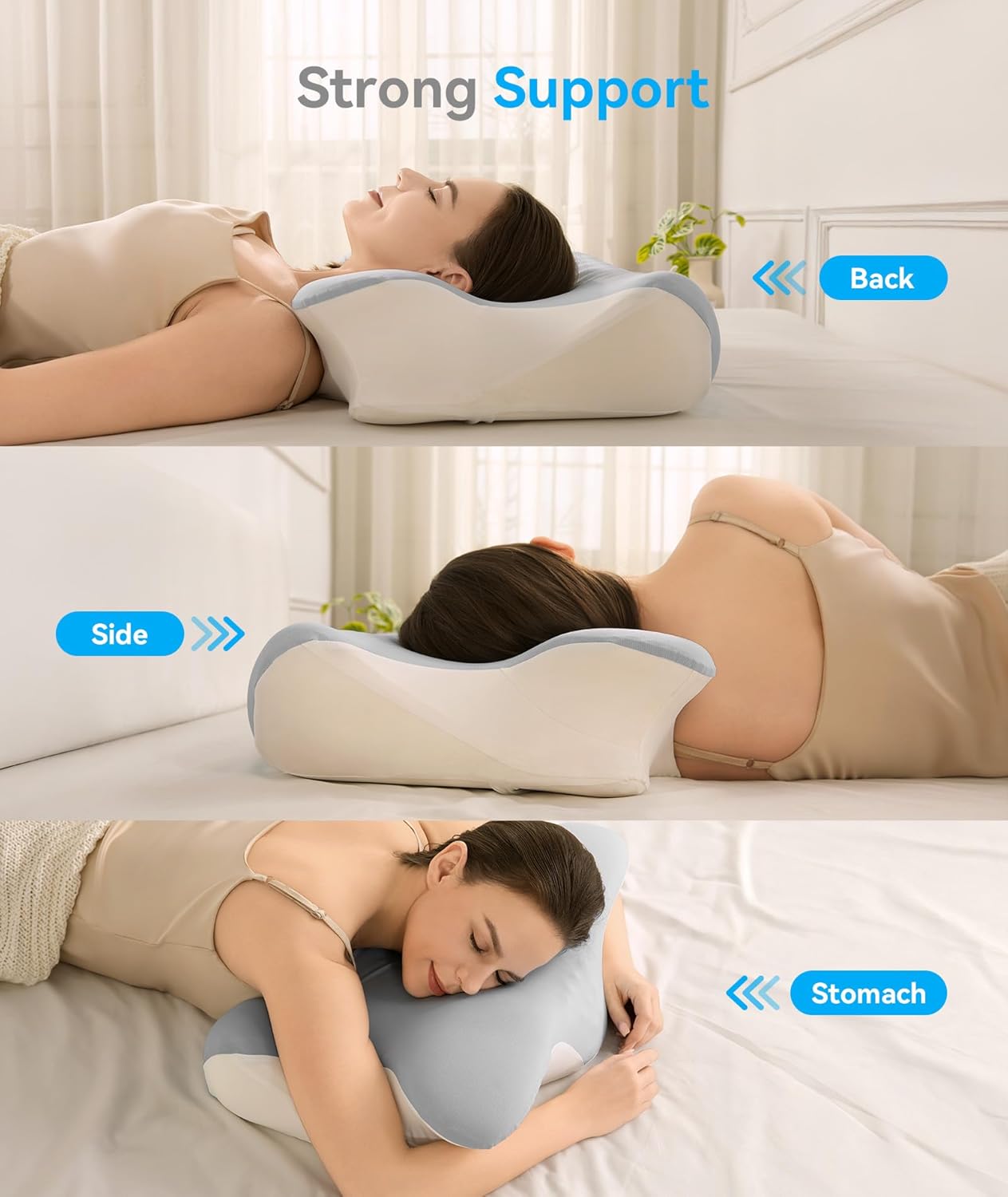 Cervical Neck Pillow for Pain Relief - Cervical Pillow for Side Back Stomach Sleepers, Ergonomic Orthopedic Support Pillow for Sleeping with Memory Foam, Cooling Pillowcase, Grey