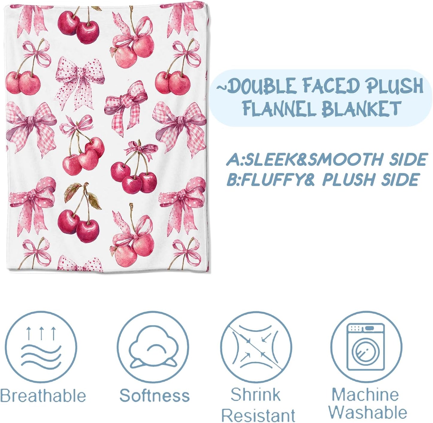Sweet Cherry Fleece Blanket, Soft Throw with Bow Illustration, Lightweight Cozy Blankets for All Seasons, Cute Romantic Home Decor and Gifts for Women and Fruit Lovers, 50x60 Inch