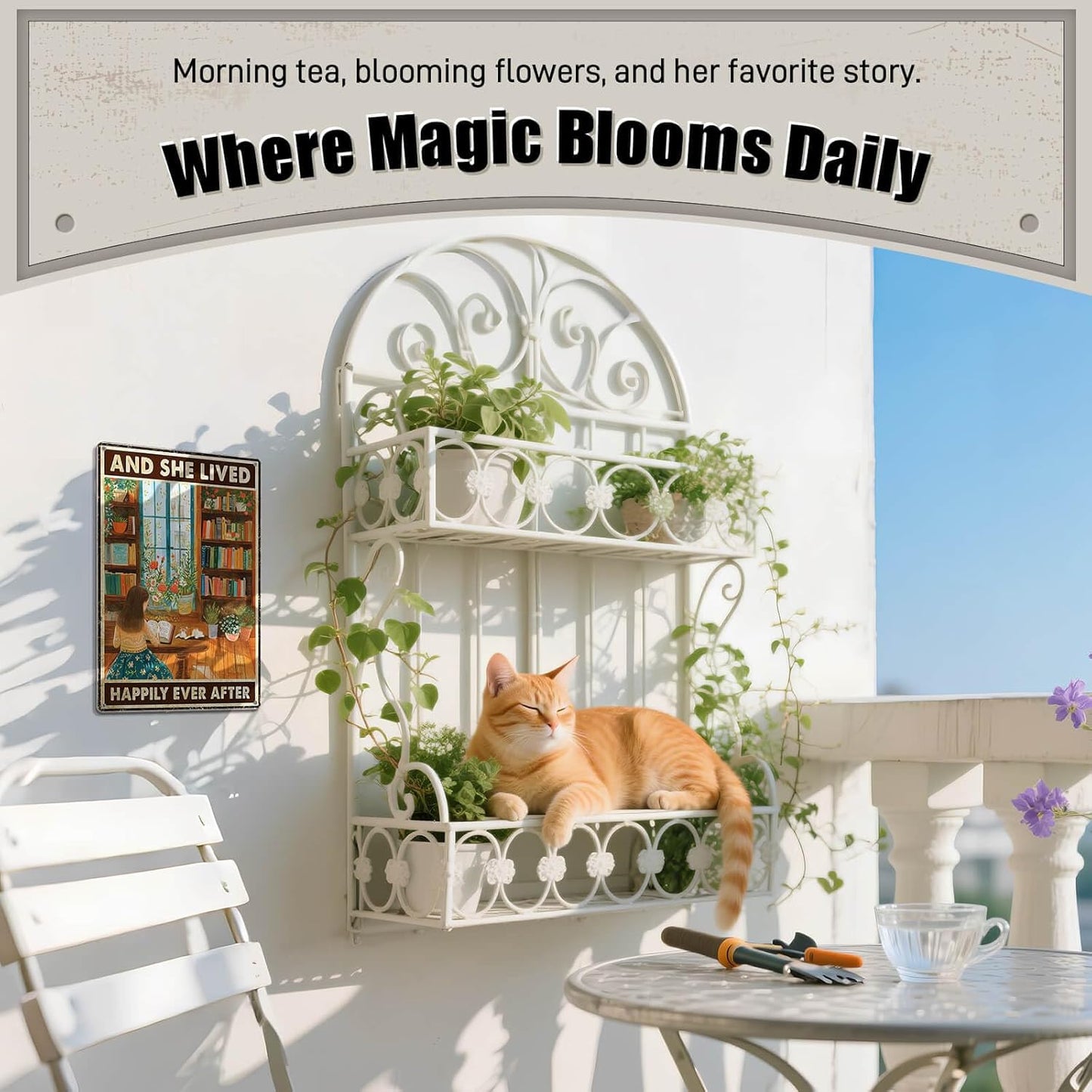 Vintage Garden Signs Reading Poster for Home Living Room Wall Art Decor Aesthetic - And She Lived Happily Ever After, Cottagecore Tin Sign 8X12 Inches