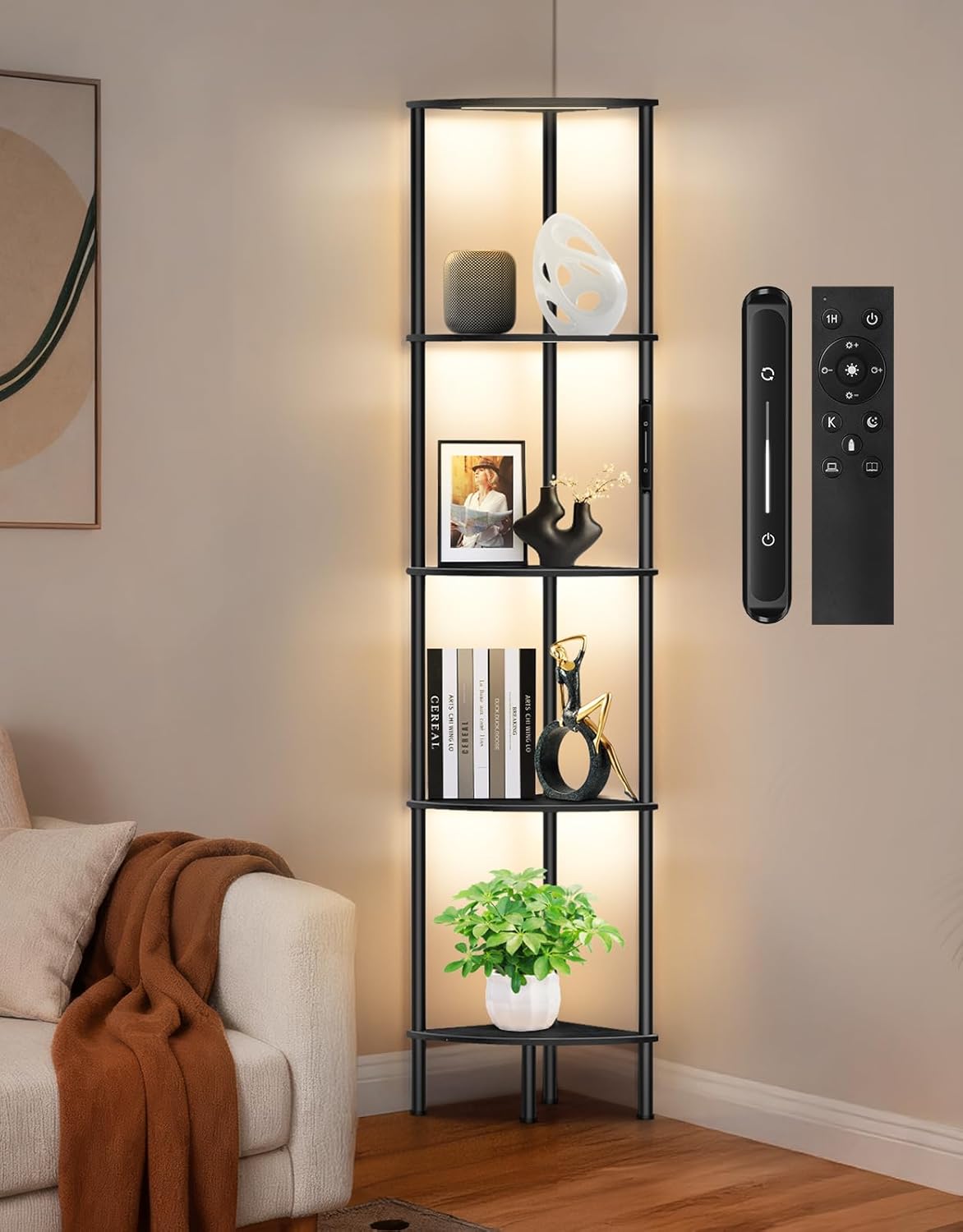 5 Tier Corner Shelf with LED Light, Touch & Remote Control, Dimmable Narrow Corner Bookshelf with 3 Color Temperature, 1-Hour Timer, Display Shelves for Living Room, Bedroom(Black)