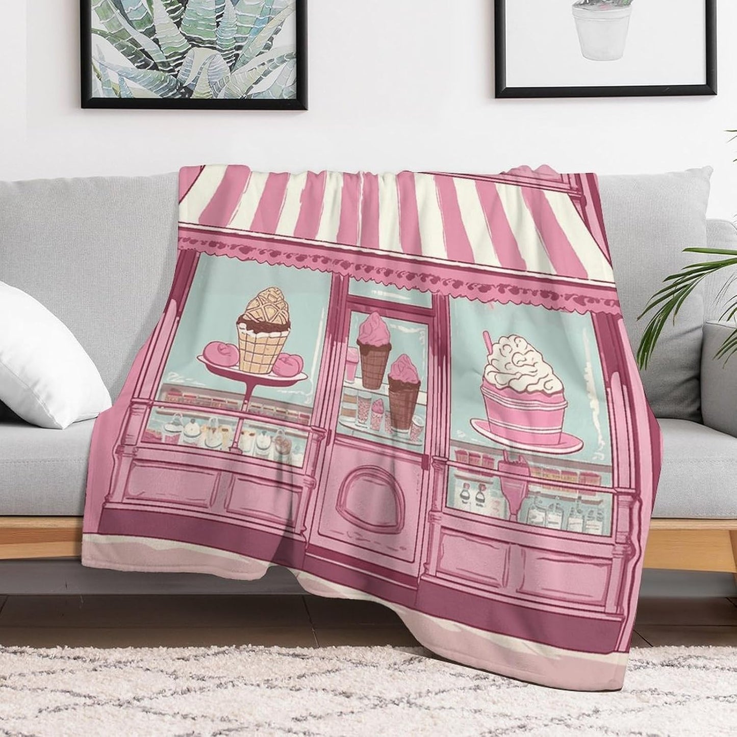 Ice Cream Store Pink Throw Blanket for Couch Super Soft Warm Lightweight Throw Blankets Cozy Flannel Bed Blanket Cute Decorative Blankets for All Seasons Home Decor Gift 30"*40"（76 * 100cm）