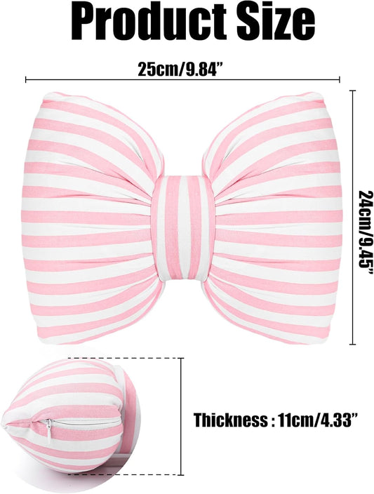 Little Pink Bow Pillows Car Decorative 10x9.5 inch, Stripes Shaped Headrest Pillow for Car Cotton Handmade Cushion Striped Case Washable Coquette for Sofa Office Neck Lumbar Aesthetic Room Home Decor