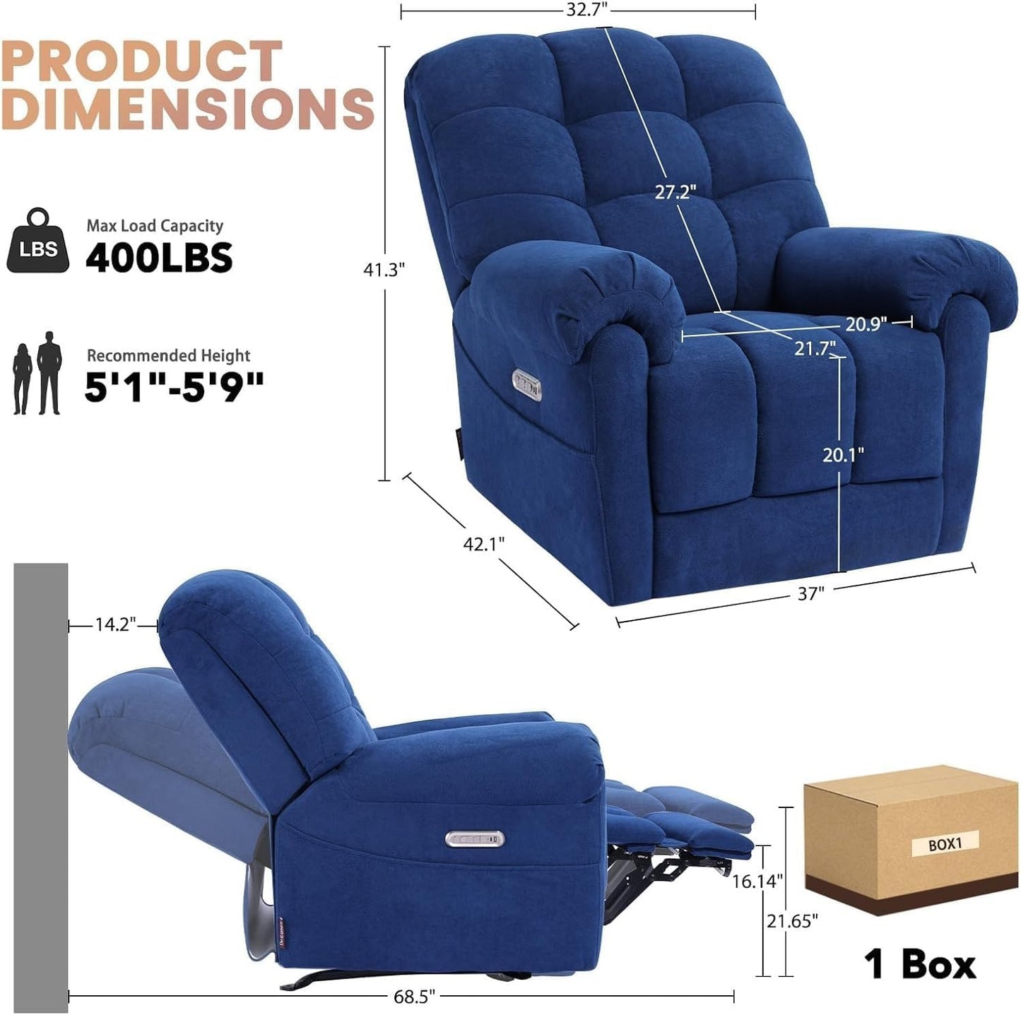 Blue Power Recliner Chair with 8-Point Massage Lumbar Heat Independent Backrest Footrest Control Electric Lift Recliners Chairs for Living Room Bedroom Study