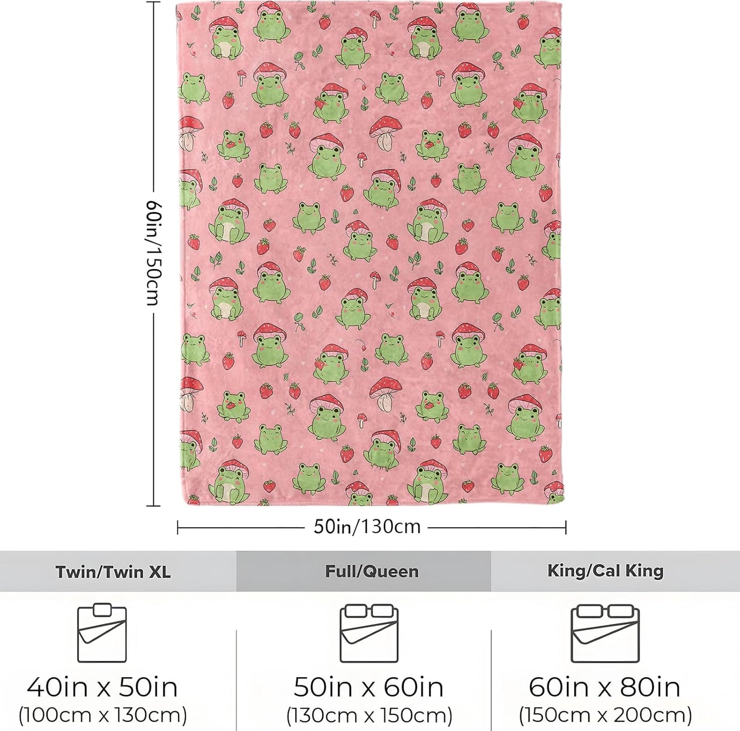 Cute Cartoon Frog Strawberry Mushroom Blanket, Soft Cozy Lightweight Pink Kawaii Throw Blanket for Women Kids Girls, Sofa Couch Bed 50x60 Inch Flannel Animal Blankets for Travel Decor Gifts