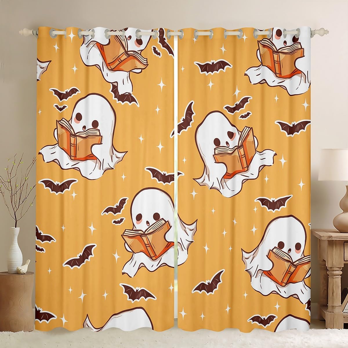 jejeloiu Halloween Cute Ghost Window Curtains for Bedroom Living Room Kawaii Ghost Reading Book Print Curtains Ghost Bats Window Treatments Halloween 30%-50% Blackout Curtains, 52W X 84L,2 Panels
