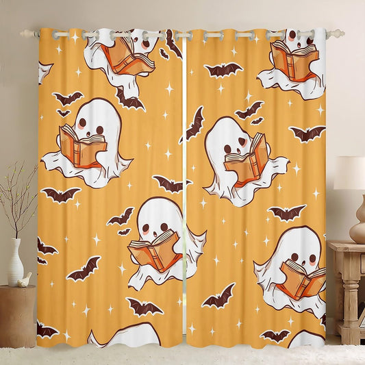 jejeloiu Halloween Cute Ghost Window Curtains for Bedroom Living Room Kawaii Ghost Reading Book Print Curtains Ghost Bats Window Treatments Halloween 30%-50% Blackout Curtains, 52W X 84L,2 Panels