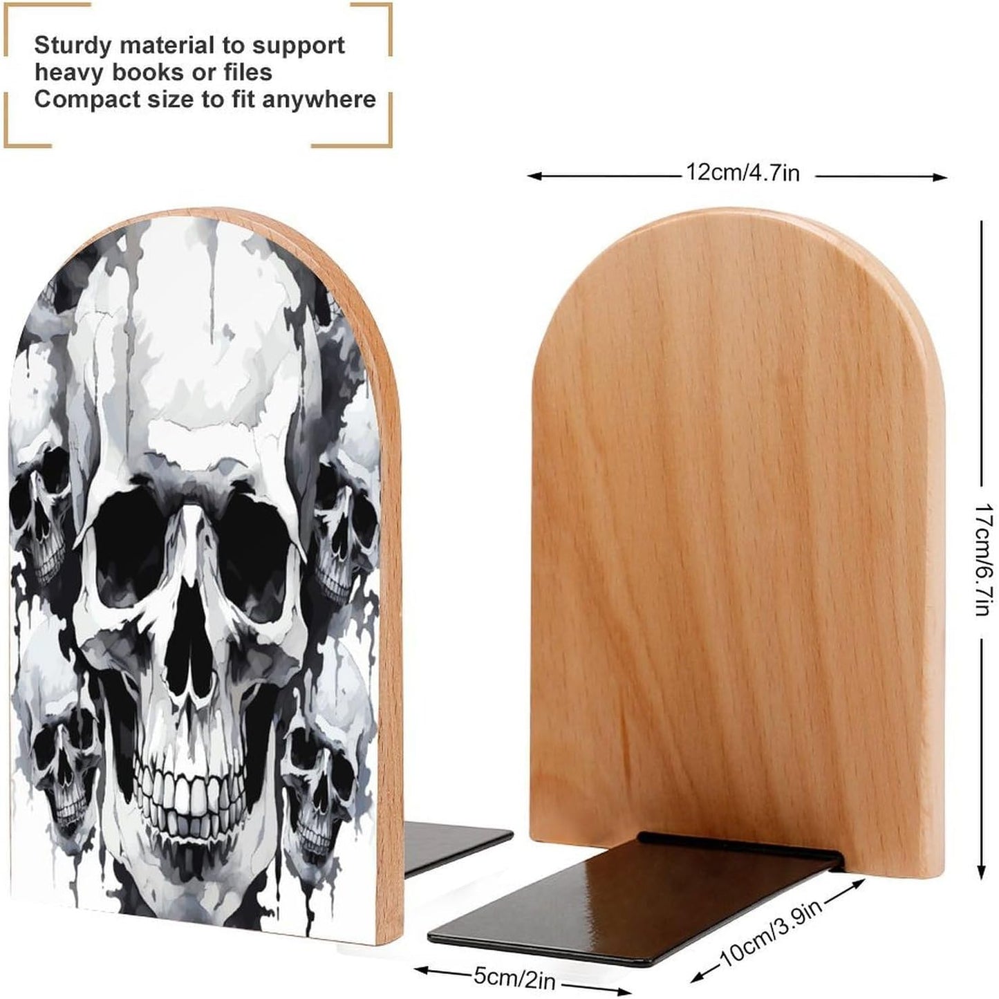White and Gray Skull Graphics Bookend for Shelves Wooden Book End Large Size Sturdy Book Holders Stoppers with Metal Base for Bookshelves Slick Decorative Bookends Stands