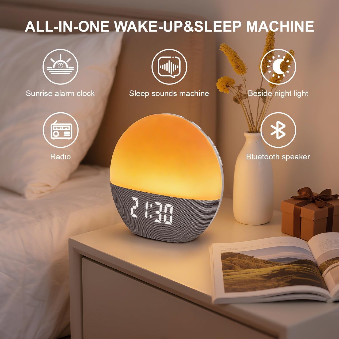 winshine Sunrise Alarm Clock with White Noise Sound Machine for Bedrooms,Sleep Sound Machine for Heavy Sleepers, with Wake Up Light,24 Sounds, FM Radio, Bluetooth Speaker, Night Light Clock for Adults