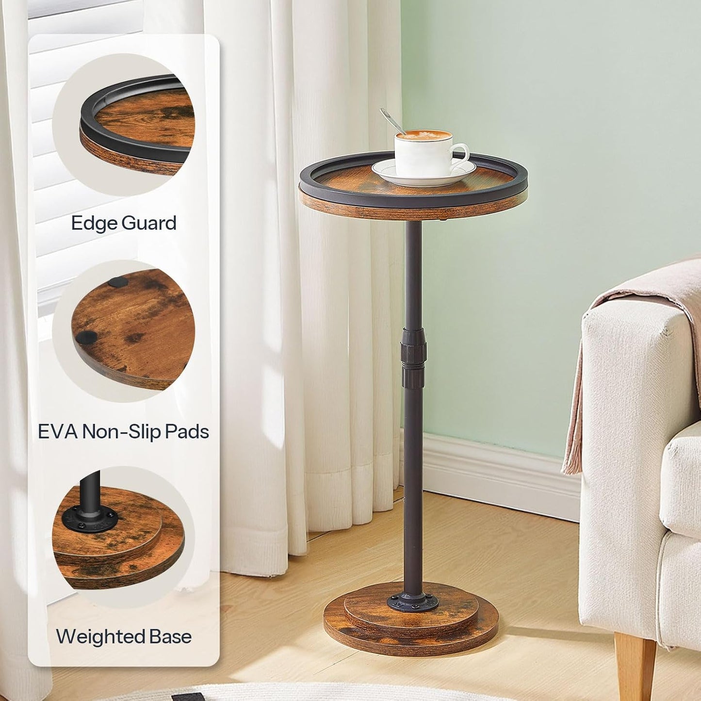 HOOBRO Small Round Side Table, Drink Table Height Adjustable, Coffee Martini Table with Stable Accent Pedestal for Small Spaces in Living Room, Bedroom, Sofa Couch, Rustic Brown BF268BZ01