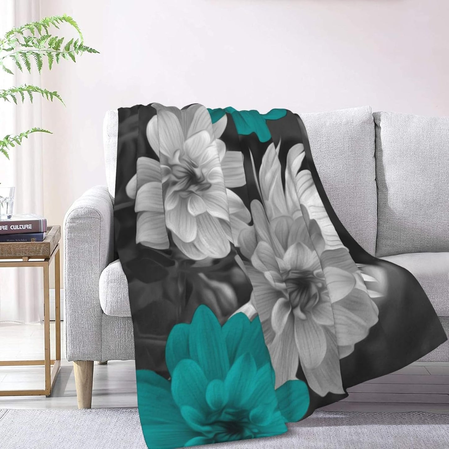 Te-al Grey Floral Blanket Te-al Flowers Throw Blanket for Couch Bed, Soft Fuzzy Flannel Te-al Blankets for Bed Sofa Chair Te-al Floral Decor 40x50 Inches