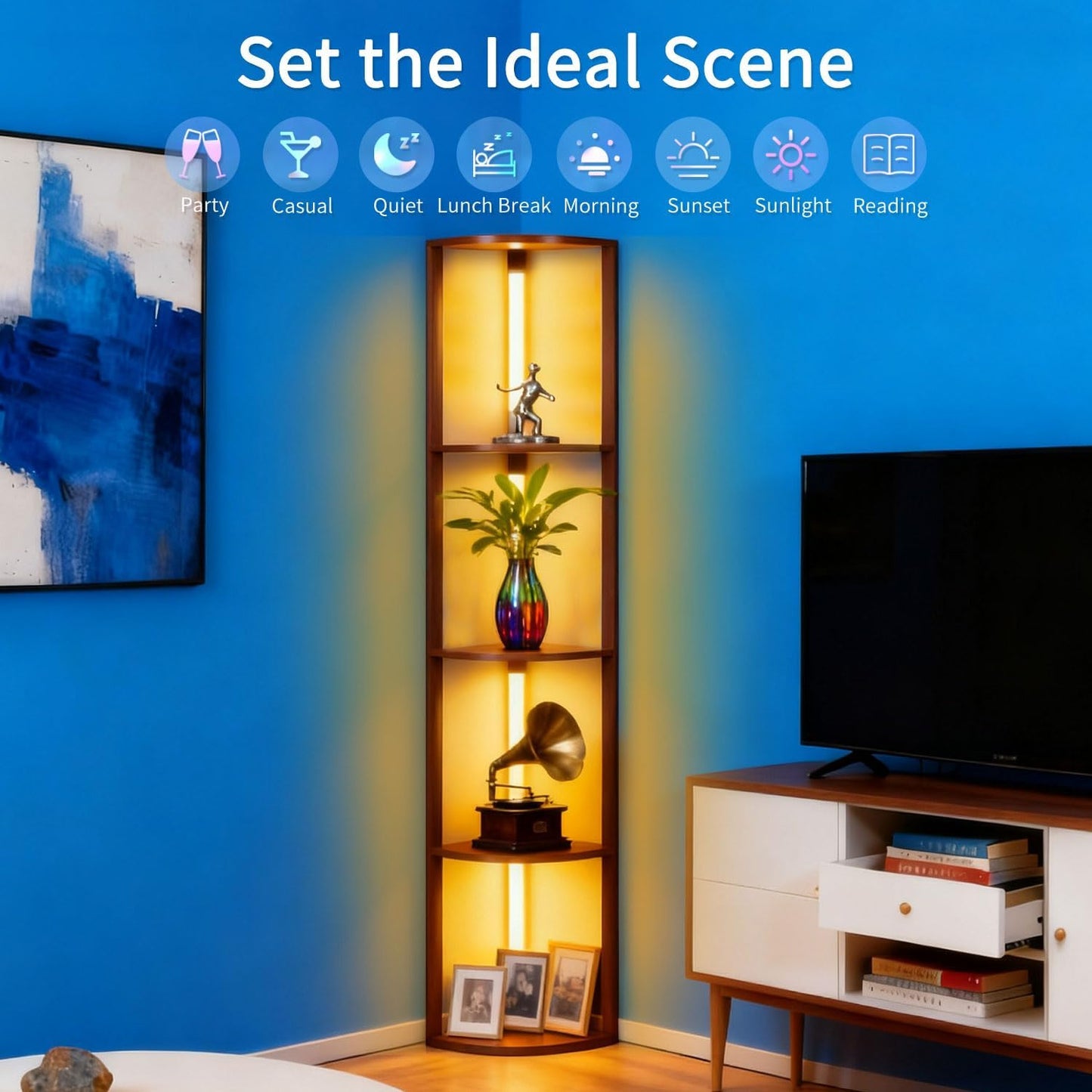RGBCW Floor Lamp with Shelves, Smart Modern Floor Lamp with Music Sync, LED Color Changing Corner Display Shelf Lamp, Tall Lamps for Living Room and Bedroom, Bookshelf Lamp, Brown
