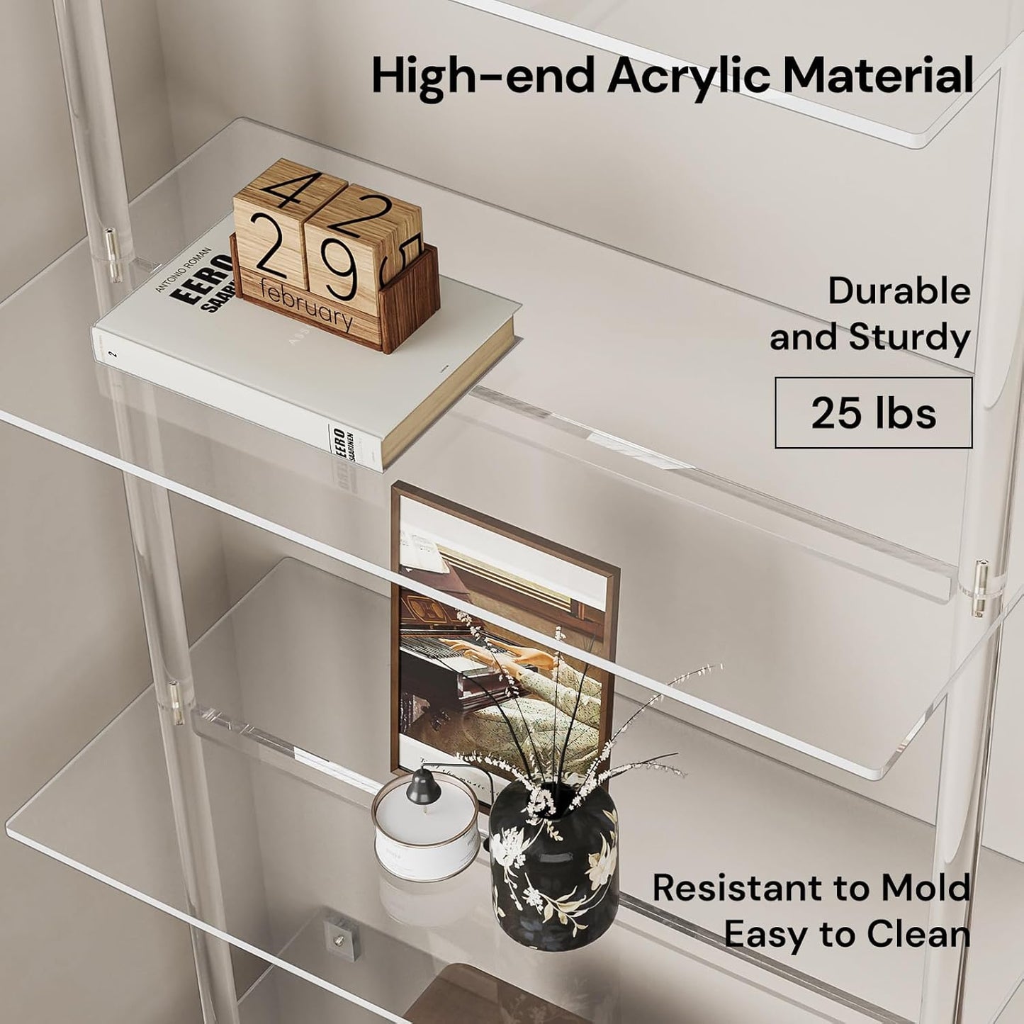 Acrylic Ladder Bookshelf, 4-Tier Clear Wall Mounted Bookshelf with Open Shelves, Multipurpose Bookcase for Living Room, Bathroom, Office, Modern, 11.6" D x 23.4" W x 59.4" H