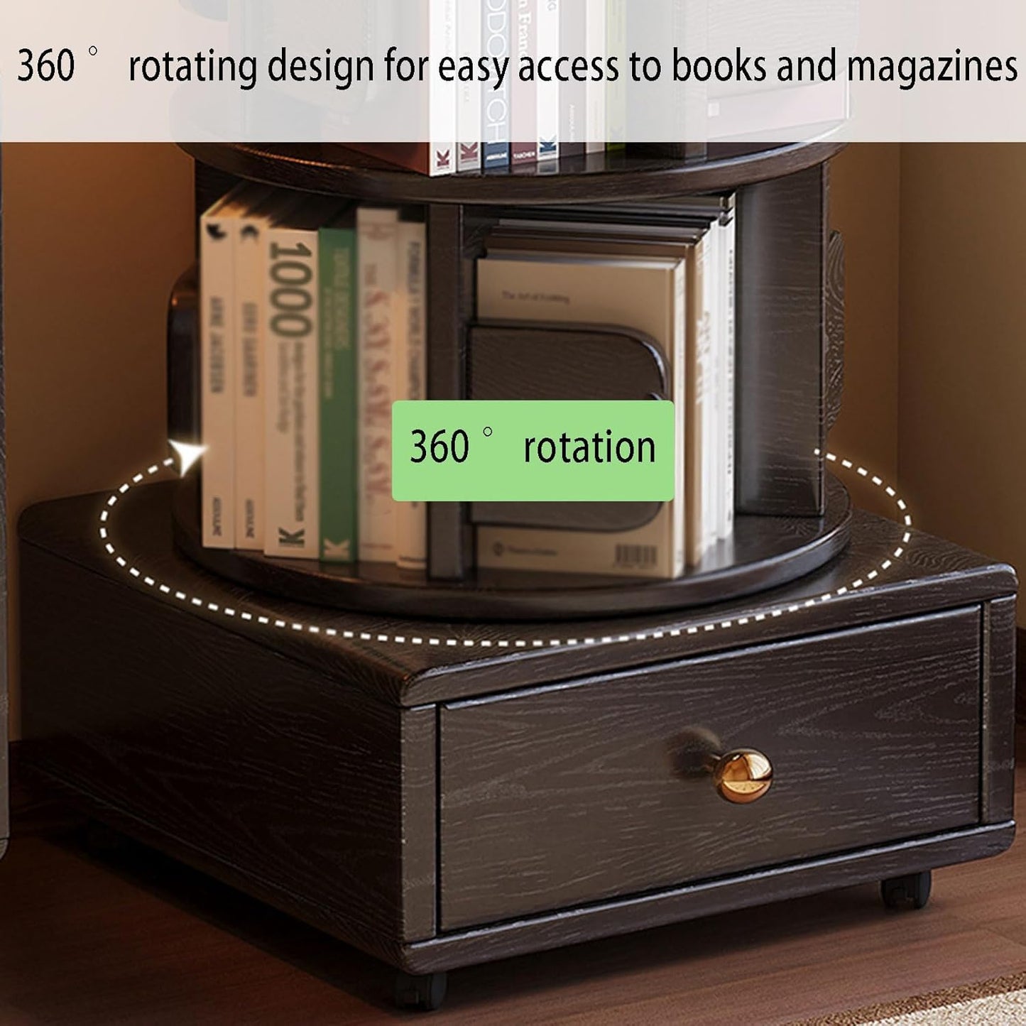 Bedside End Table with Storage & Wheels Movable, Rotating Bookshelf 360 Display 2 Tier, Rustic Side Table Bookcase Storage Rack for Living Room Bedroom