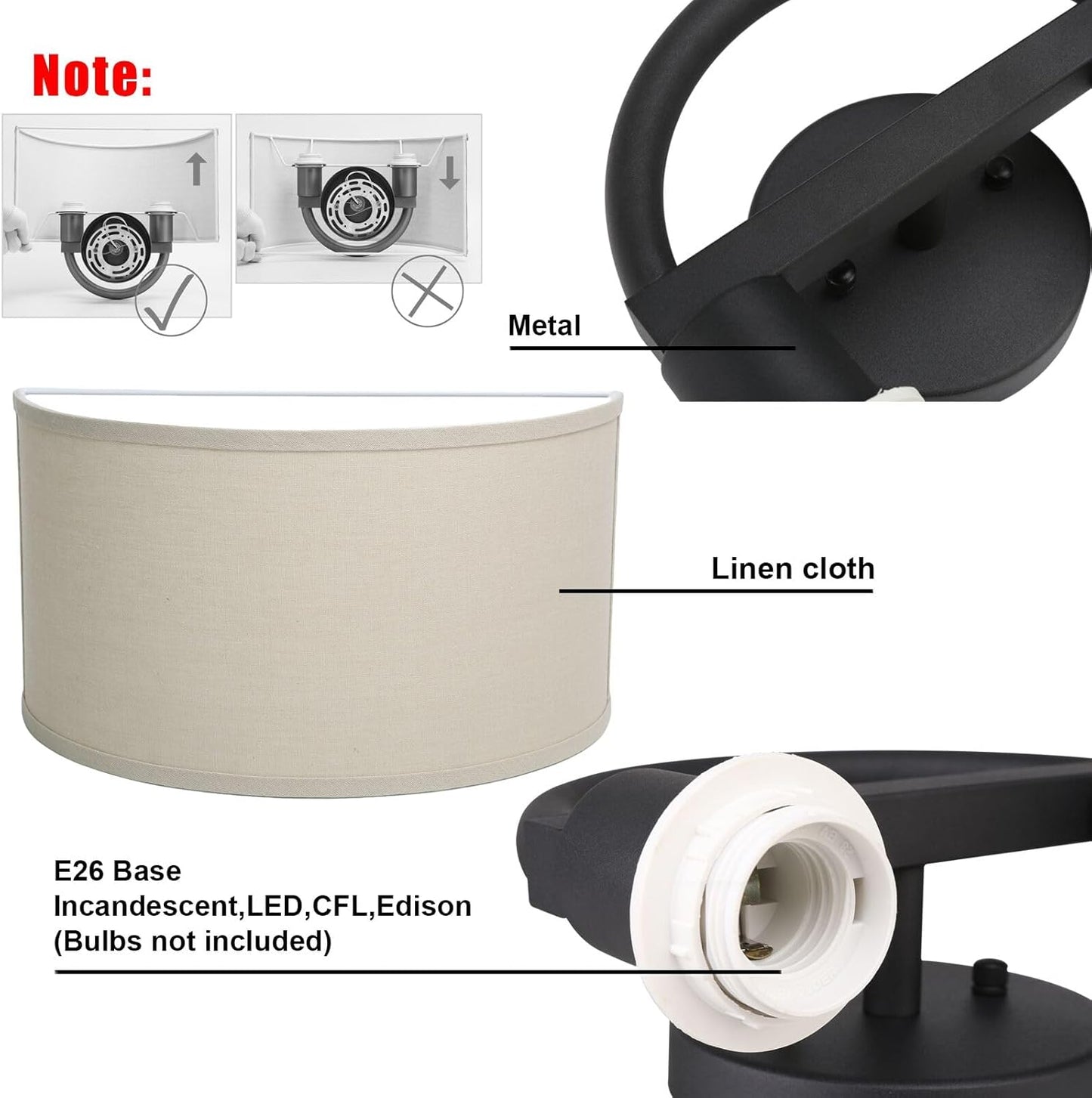 Yosoan 2-Light Linen Fabric Cloth Boho Wall Sconce Hallway Fixture Light, Dual Indoor Hardwired Vanity Vintage Wall Mount Lighting Semicircle Fabric Lamp Shade for Bedroom Stairwell Study Gallery
