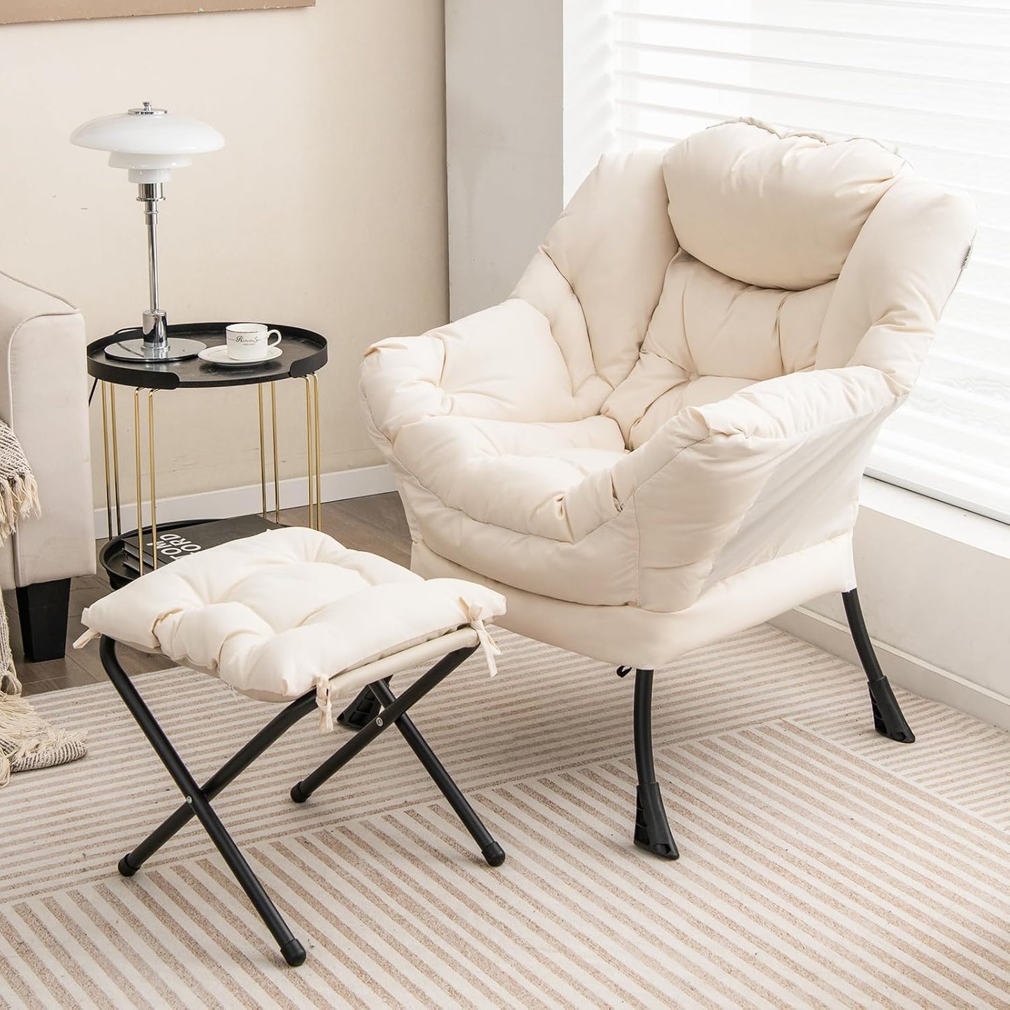 GOFLAME Lazy Chair with Ottoman, Modern Large Accent Chair with Folding Footrest, Head Pillow, Armrests and Side Storage Pocket, Upholstered Reading Chair for Living Room, Bedroom, Office, Beige