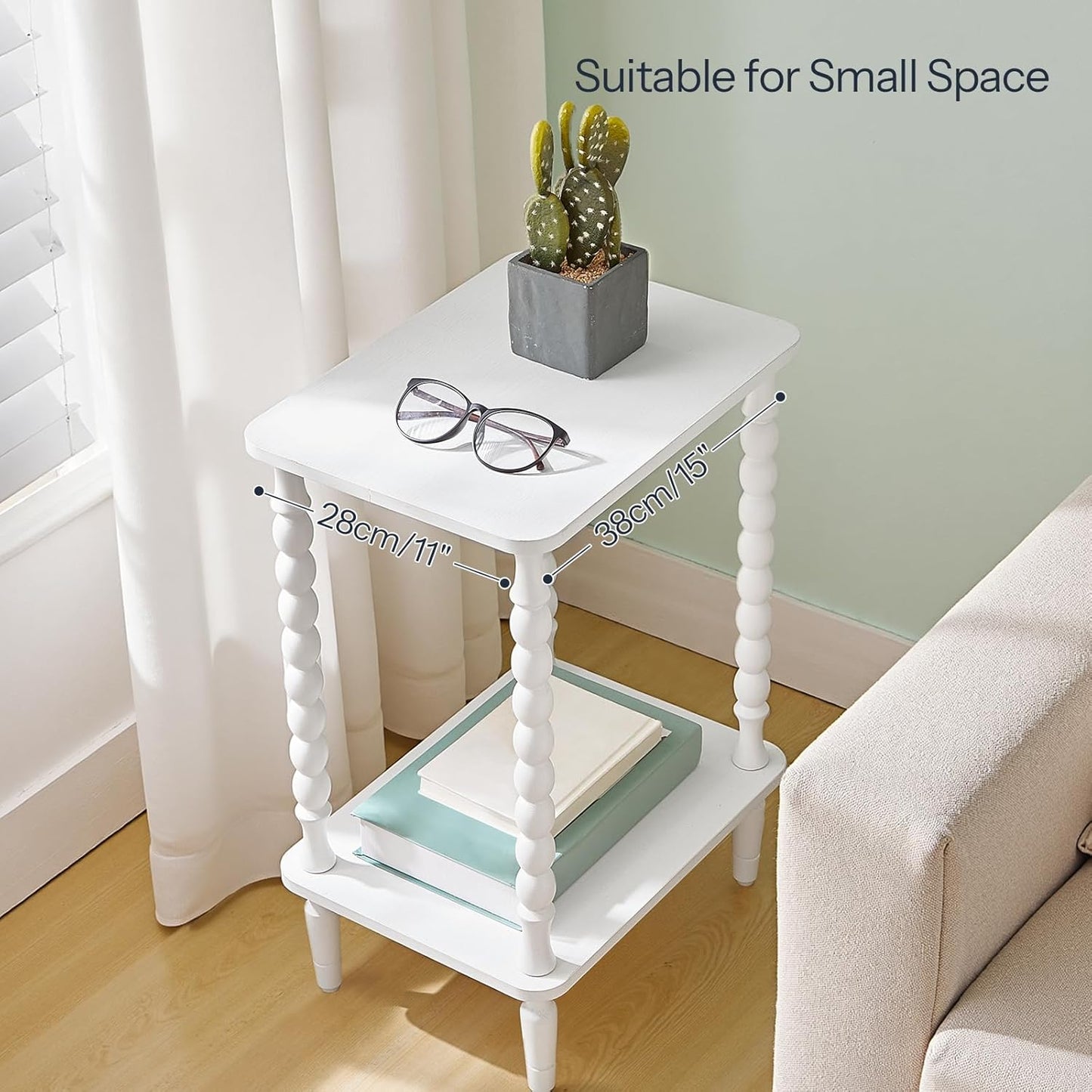 HOOBRO End Table, 2-Tier Small Side Table with Spindle Legs, Nightstand with Storage Shelves, Sofa Side Table, for Small Space, Living Room, Bedroom, White WT189BZ01