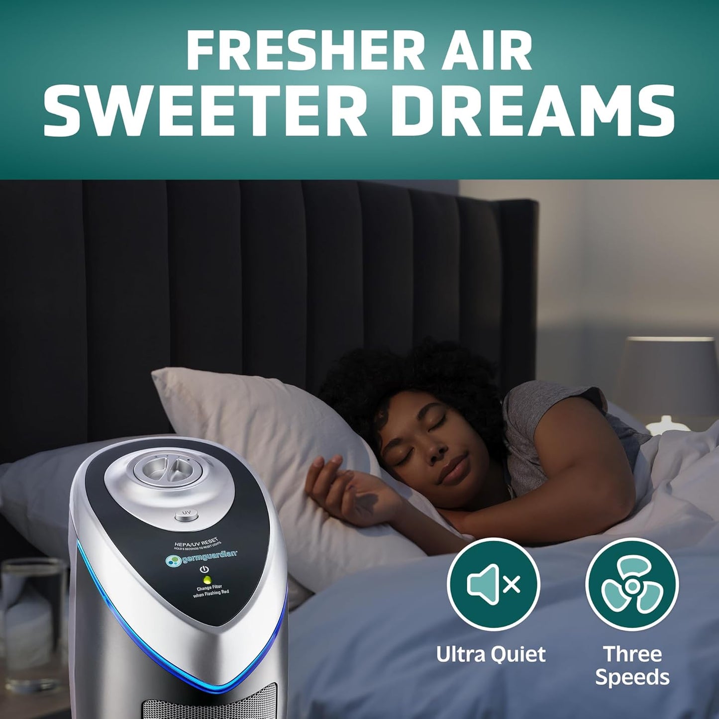 GermGuardian HEPA Air Purifier for Home, Large Rooms - 743 Sq. Ft. with HEPA Air Filter, UV-C Light & Odor Reduction, AC4825E, 22" Tower, Gray