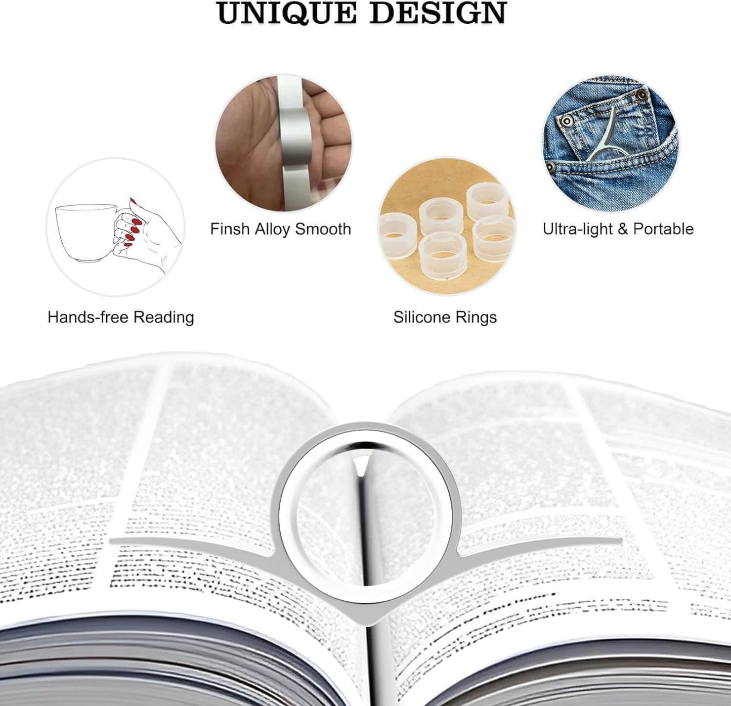 Thumb Book Page Holder Christmas Gifts for Book Lovers, Ultralight Metal Book Reading Holders Accessories with 5 Assorted Size Silicone Rings for Keep Book Open Women Reader Bookish Teachers