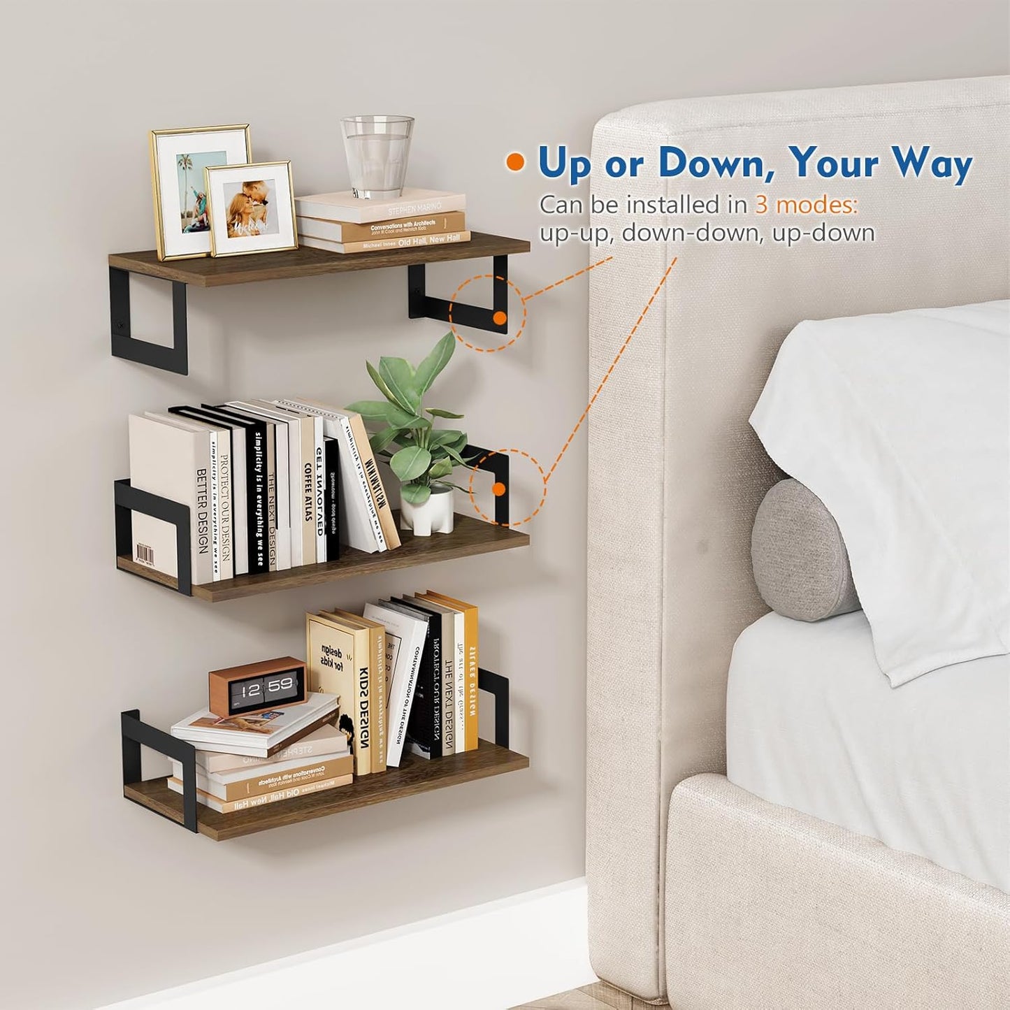 Floating Book Shelves for Wall Set of 3, 17 x 8 Inch Deep Wooden Wall Bookshelf for Bedroom Office, Rustic Wood Hanging Wall Shelves for Living Room Kitchen (Dark Brown)