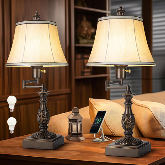 Scenekoy 23.5" High Rustic Traditional 350° Adjustable Swing Arm Table Lamp Set of 2 with USB A+C Ports Brown Finish Cream Shade Vintage Nightstand lamp for Living Room Bedroom Office (Bulb Included)