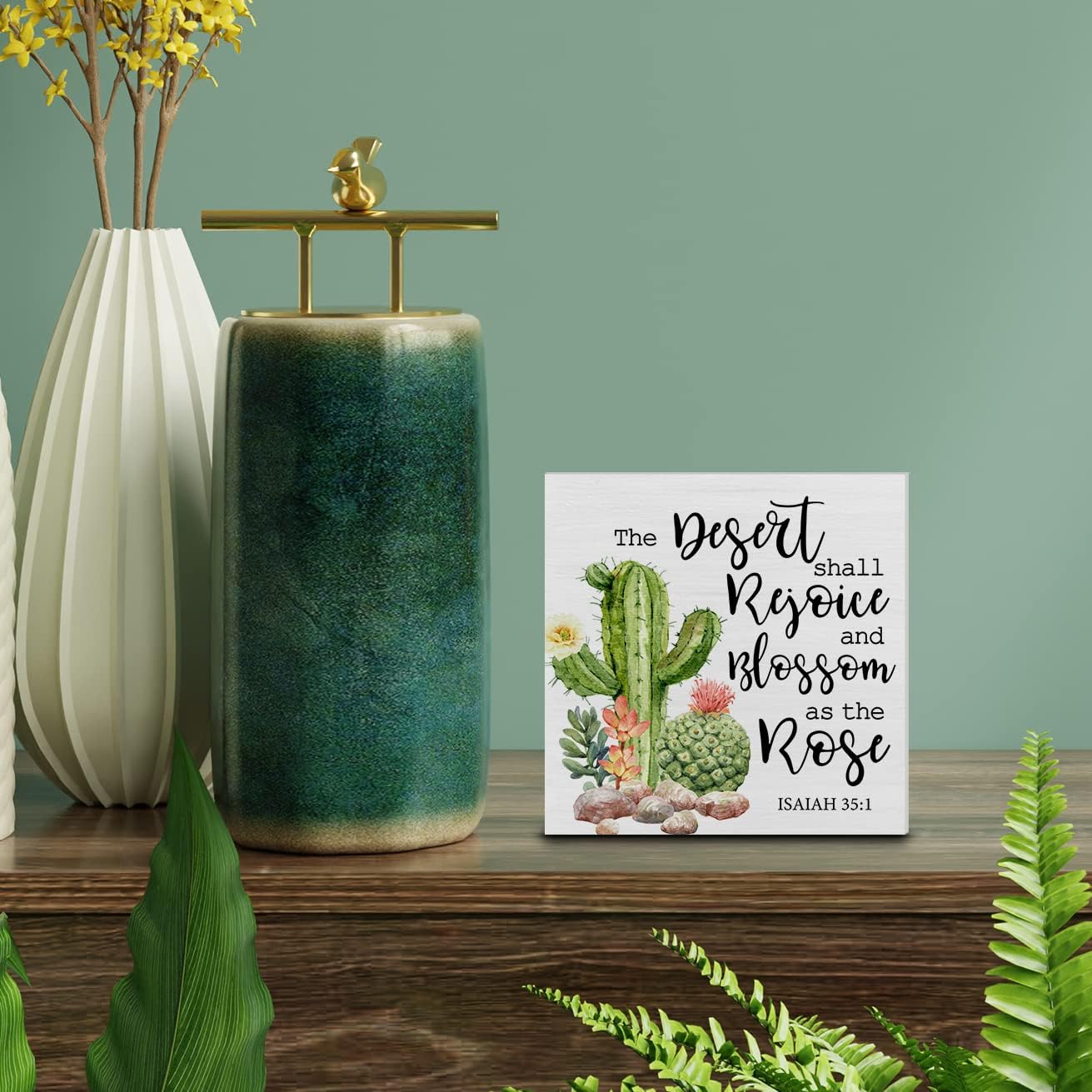 Country Isaiah 35:1 Bible Verse Wood Box Sign Decor Desk Sign Cactus and Succulent Wooden Box Block Sign Summer Rustic Home Shelf Wall Decoration