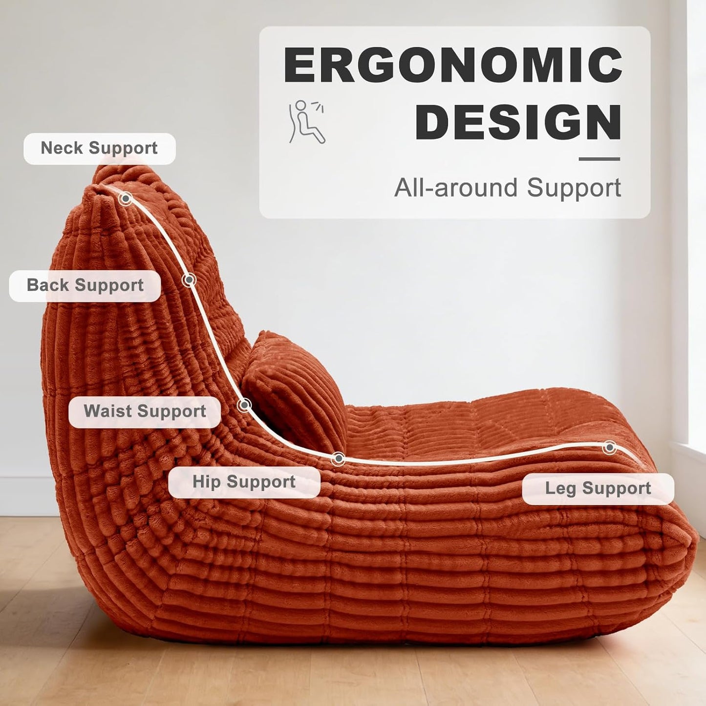 Bean Bag Chair with Lumbar Pillow, Gaint Bean Bag Chairs for Adults, Oversized Corduroy Beanbag Chair with Memory Foam Filled, Lazy Floor Sofa for Reading Gaming Living Room Bedroom (Orange)