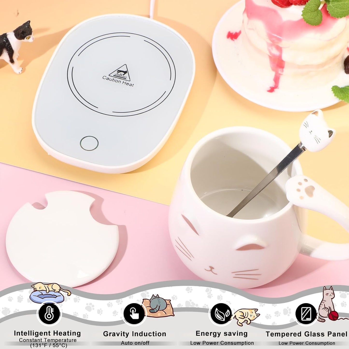 Cat Coffee Cup Coffee Warmer with Mug for Women Electric Mug Heater Temperature Control Ceramic Cute Cat Warmer for Office Valentine' Day Birthday Gift(White)