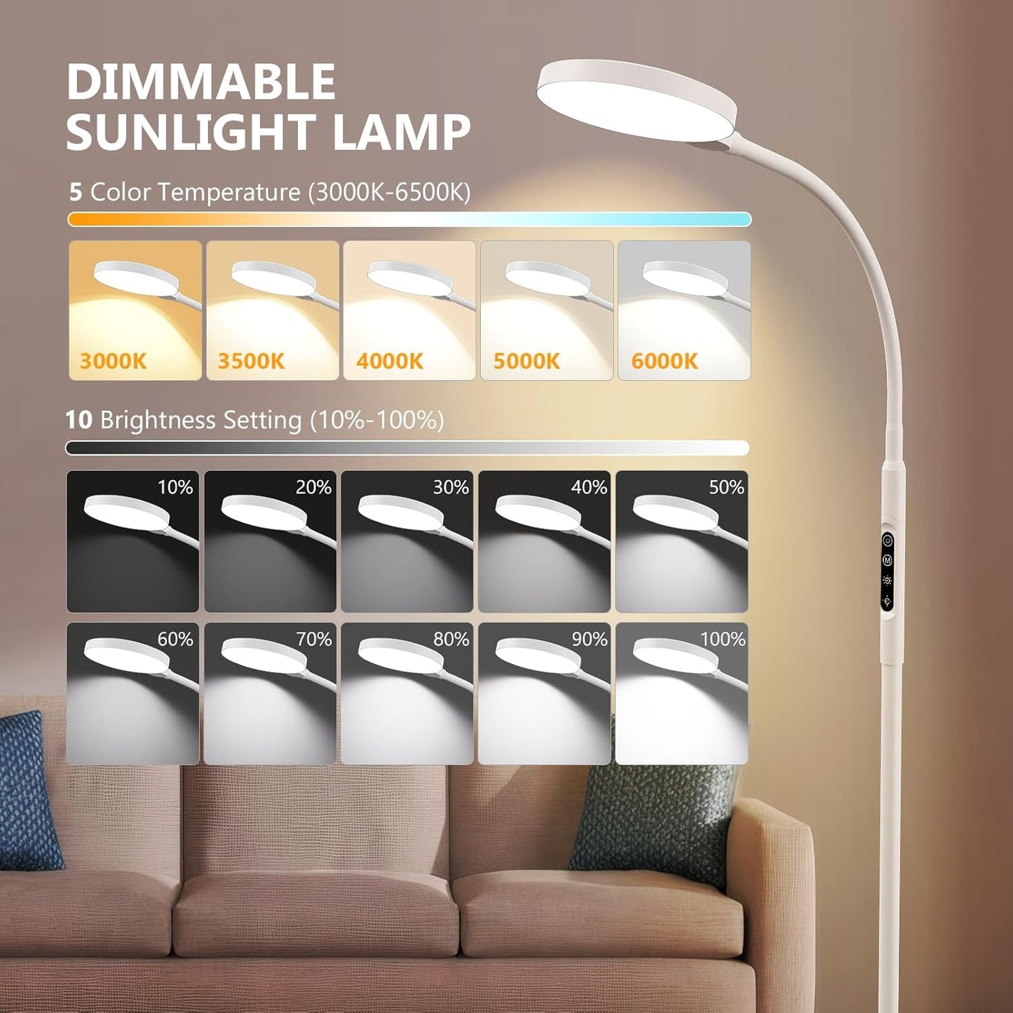 Daylight Floor & Desk Lamp – 11,000 Lux UV-Free Full Spectrum Light, 5 Color Temperatures & 10 Brightness Levels, 360° Adjustable Gooseneck Lamp for Home Office, Bedroom & Reading (White)