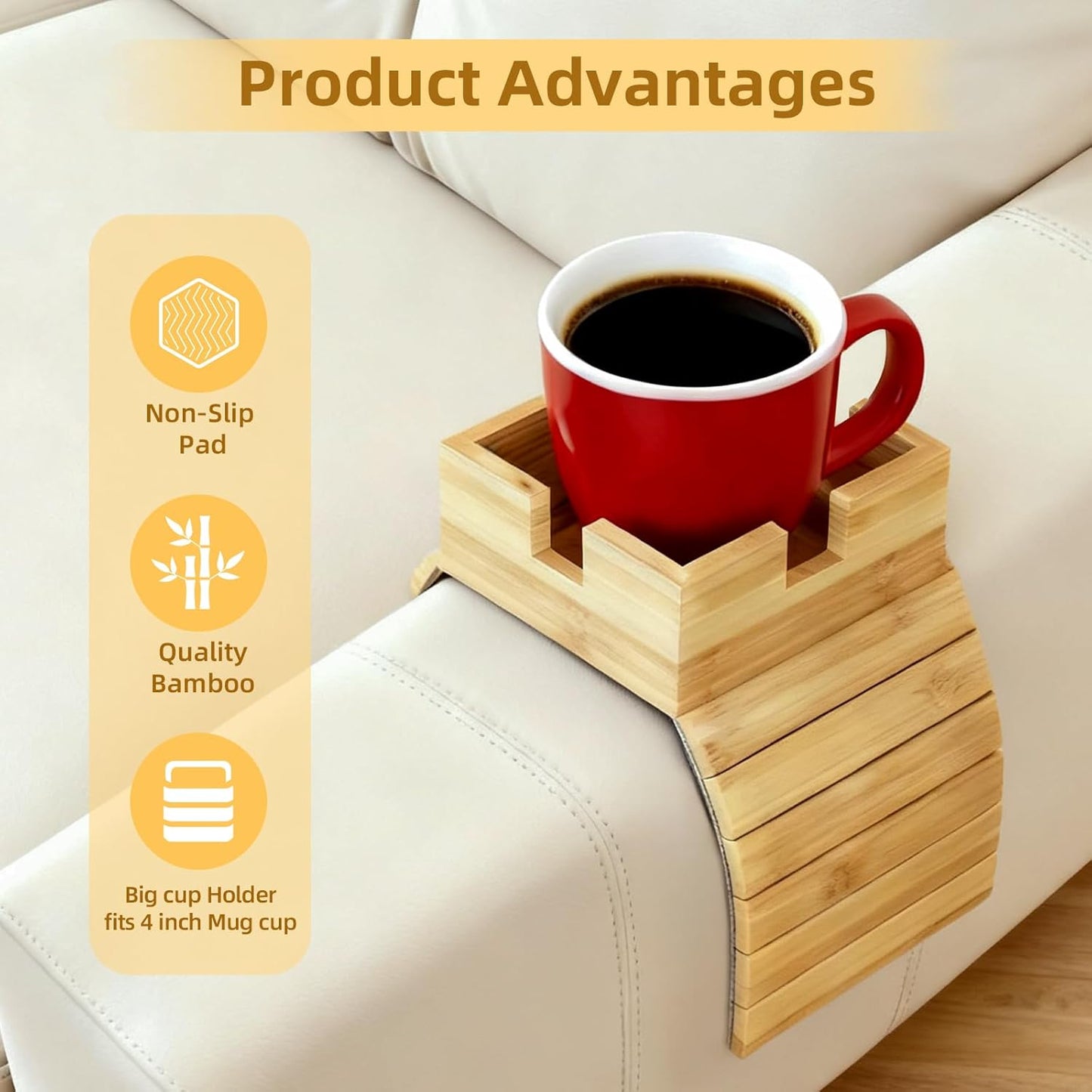 Bamboo Couch Cup Holder & Armrest Tray - Extend Your Comfort with a Secure Drink Slot and Snack Space for Recliner, Loveseat, or Sofa (Large)