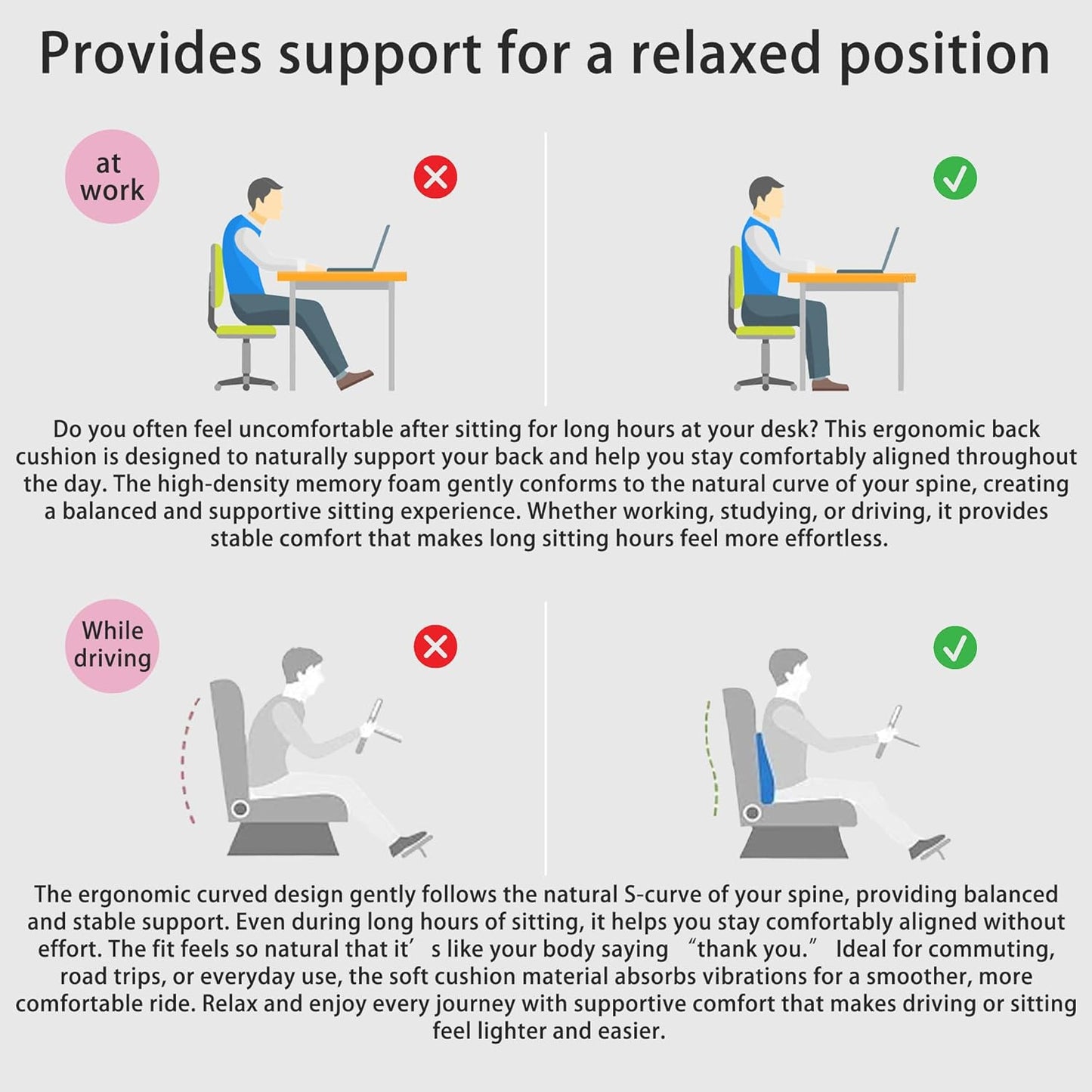 Lumbar Support Pillow for Office Chair, Office Home Must Haves, Back Support for Car, Back Cushion, Back Support Pillow for Chair, Height Adjustable, Dynamic Tracking of Back Movement