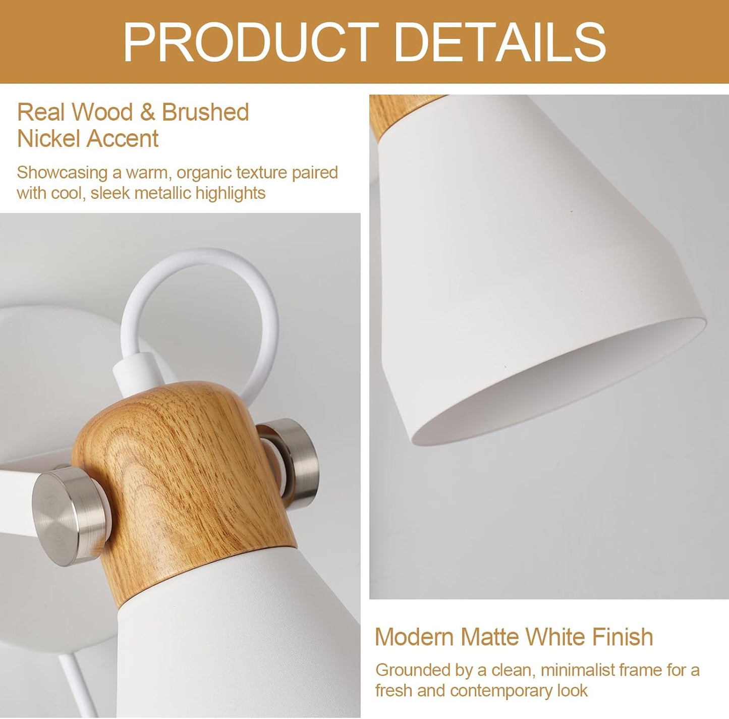 Modern Plug-in Wall Sconces - Matte White Adjustable Reading Light with Natural Wood Accent, Wall Lamp for Bedroom, Living Room, Home Office