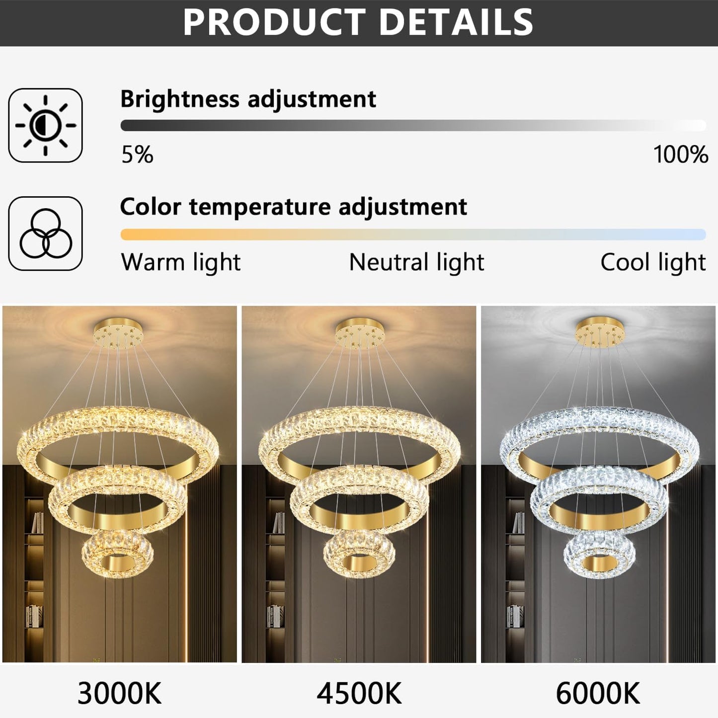 23.6" 3 Ring Crystal Chandelier Modern LED Dimmable Ring Pendant Light Round Chandelier for Dining Room Living Room Gold