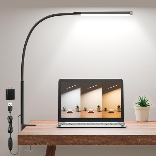 Clamp Lamp for Desk, Eye-Caring LED Clip Light, 27"Tall Flexible Arm, 3 Color Modes 10 Brightness, USB-Powered Task Lamp for Home Office Reading, Crafting, Sewing,5V/2A Adapter Included Black