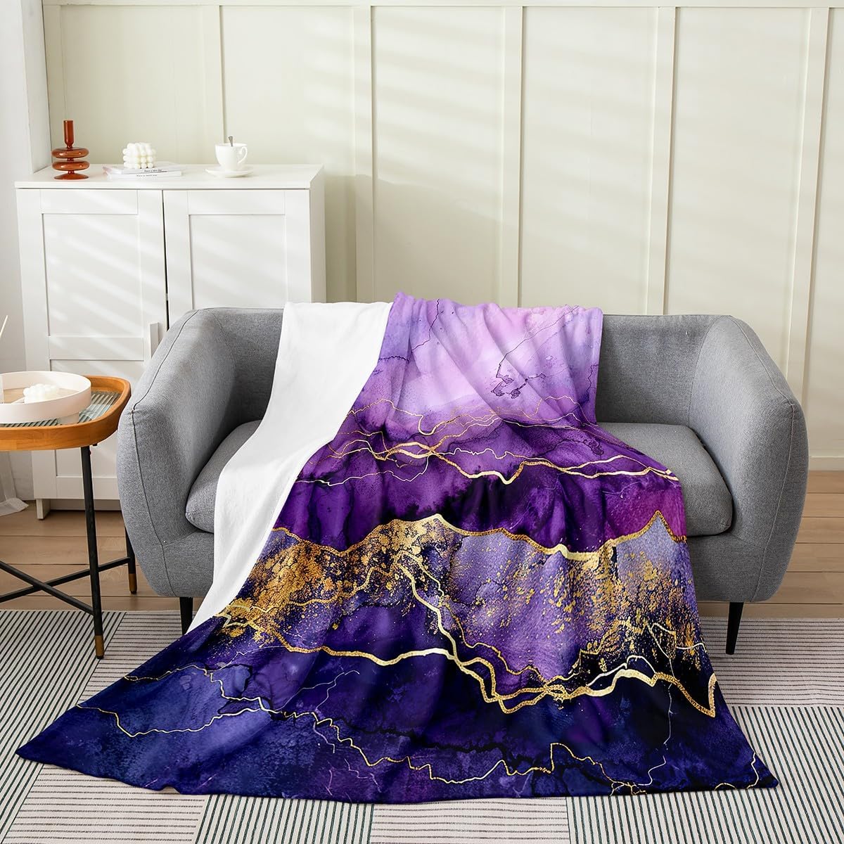Feelyou Purple Gold Marble Fuzzy Blanket Queen 90"x90" Modern Marble Aesthetic Flannel Fleece Throw Blanket Retro Watercolor Artwork Design All Season Bed Blanket Abstract Plush Blanket