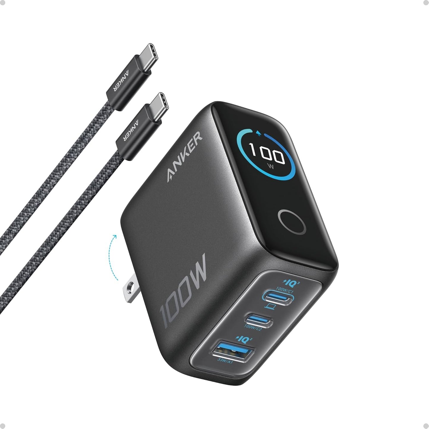 Anker Charger, 100W Max Ultra-Compact 3-Port GaN USB C Charger Block with Smart Display and Touch Control, Fast Wall Adapter for iPhone 17/16 Series, iPad, MacBook (Include Charge Cable, Non-Battery)