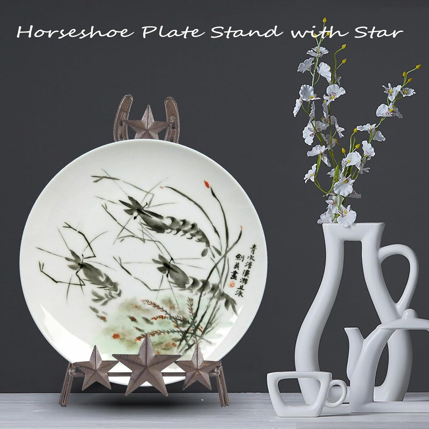 13" H Tall Horseshoe Plate Stand with Star, Metal Plate Holder Display Stand, Western-themed Picture Frame Photo Stand for Home Decor