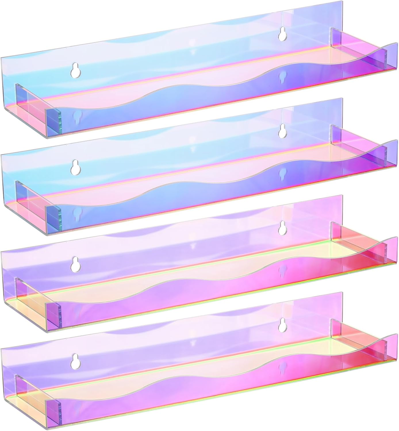Hiceeden 4 Pack 15" Iridescent Acrylic Floating Shelves, Wall Mounted Floating Bookshelf Organizer for Room, Clear Nail Polish Sunglasses Display Shelf for Picture Ledge, Book, Funko Pop