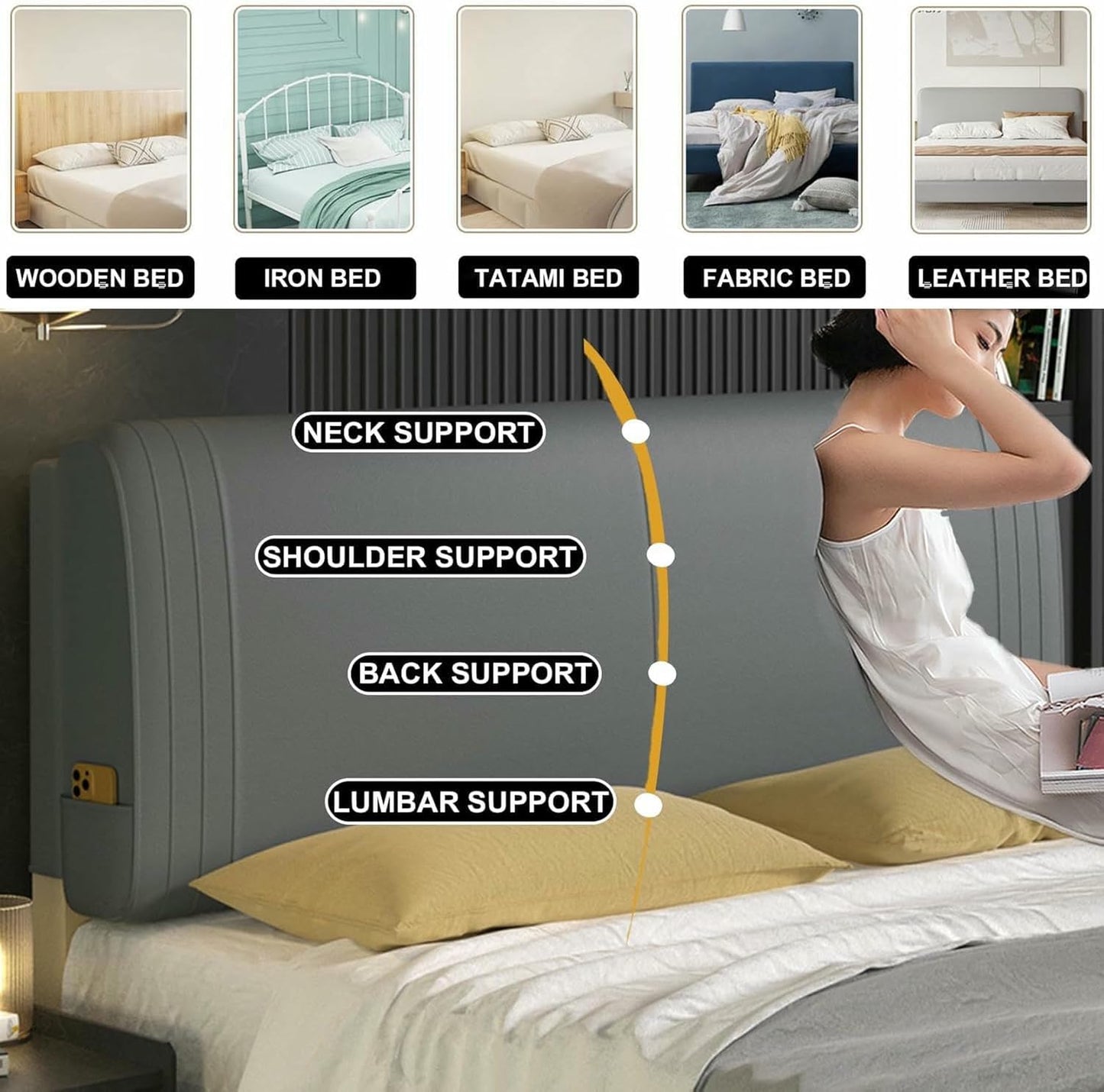 Upholstered Wall Mounted Headboard Cushion Solid Color Pillowboard Bed Rest Pillow Lumbar Support Backrest Removable Bedside Pillow for Home Dorm,Gray1,Paste/59x23x2In