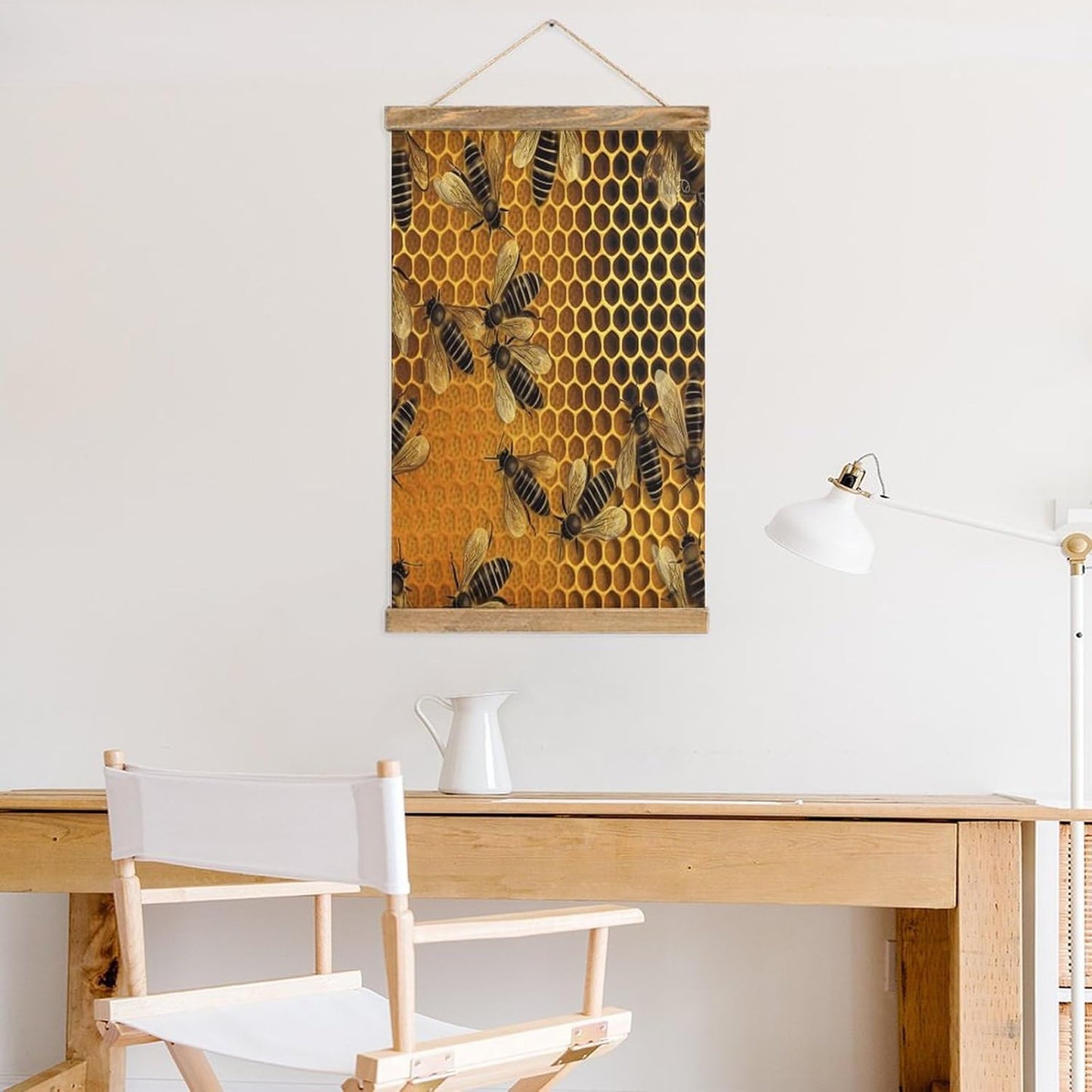 Vintage Bees on Hive Poster with Wooden Frame Personalized Linen Hanging Scroll Painting Rustic Wall Hanging Illustrative Modern Artwork Decor for Home Living Room Bedroom Office