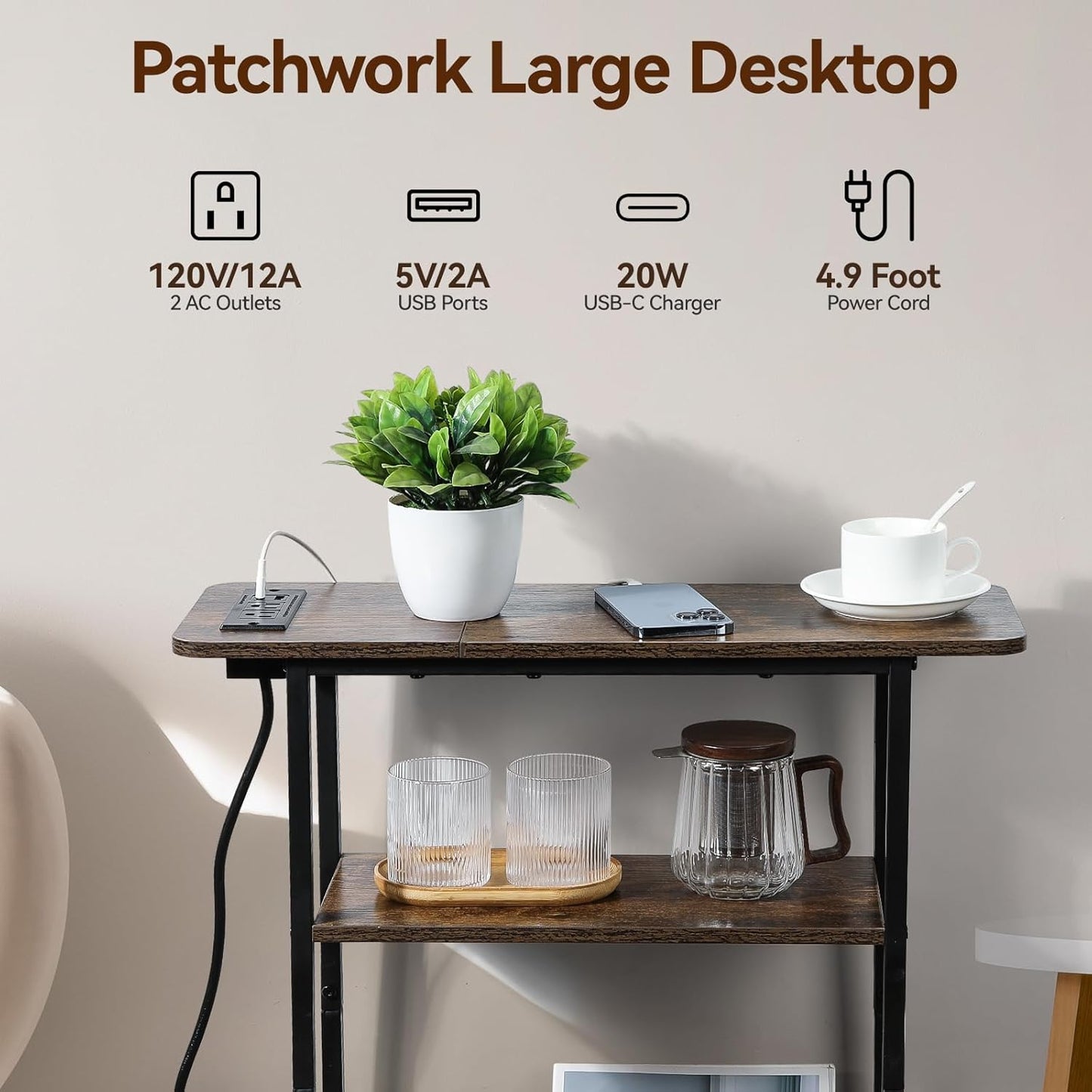 Narrow Side Table with USB-C Charging Station, 3-Tier Slim End Table with Magazine Holder, Modern Thin Side Table for Couch or Small Spaces, Skinny Nightstand for Living Room or Bedroom