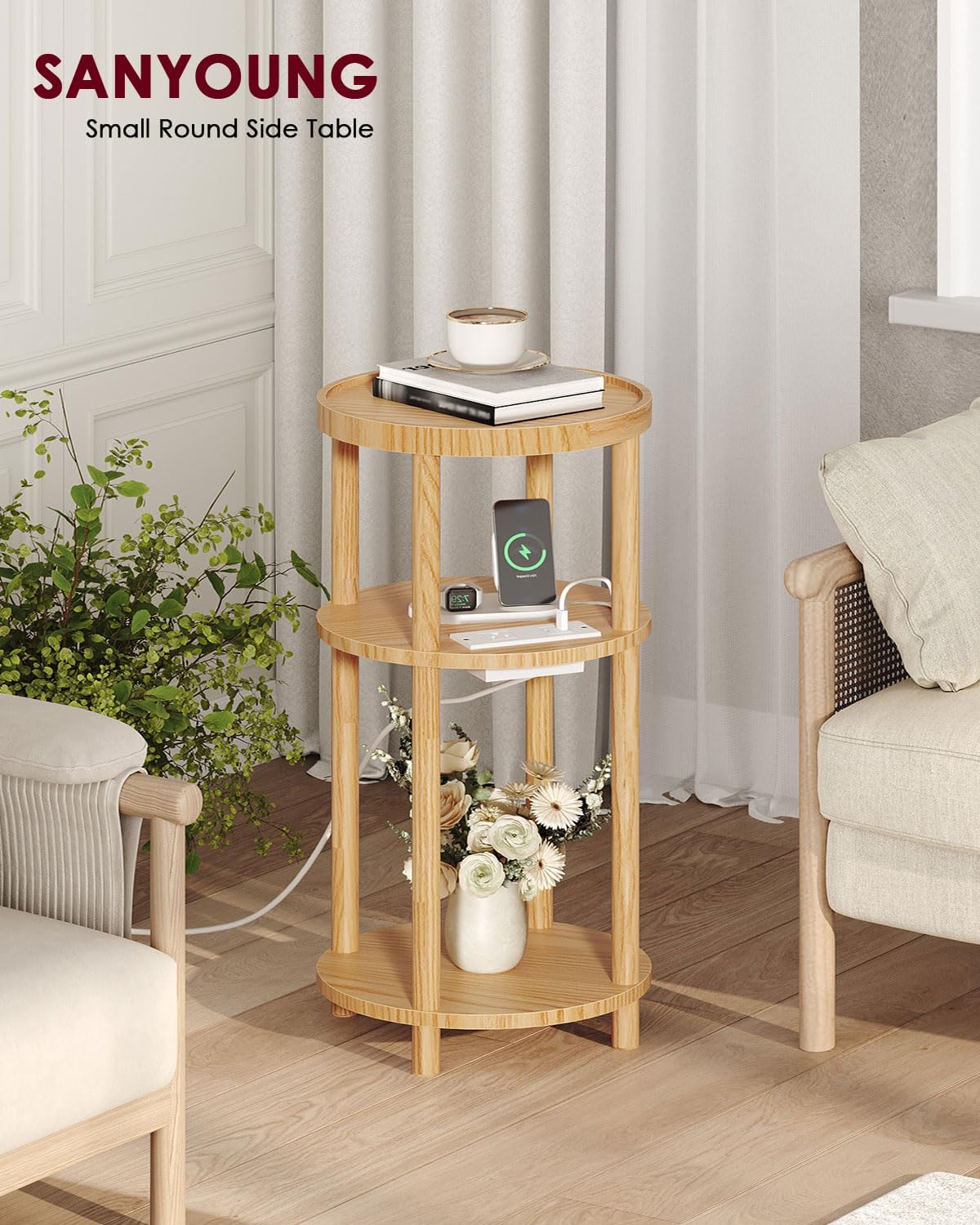 Small Round Side Table with Charging Station for Small Spaces, 3-Tier Solid Wood End Table, Compact Sofa Table Bedside Tables for Living Room, Bedroom, Apartment, Natural