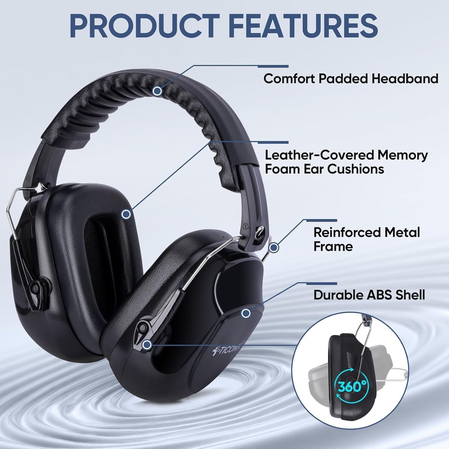 TICONN Noise Cancelling Ear Muffs for Adults, SNR 33dB Hearing Protection, Adjustable Safety Earmuffs for Construction