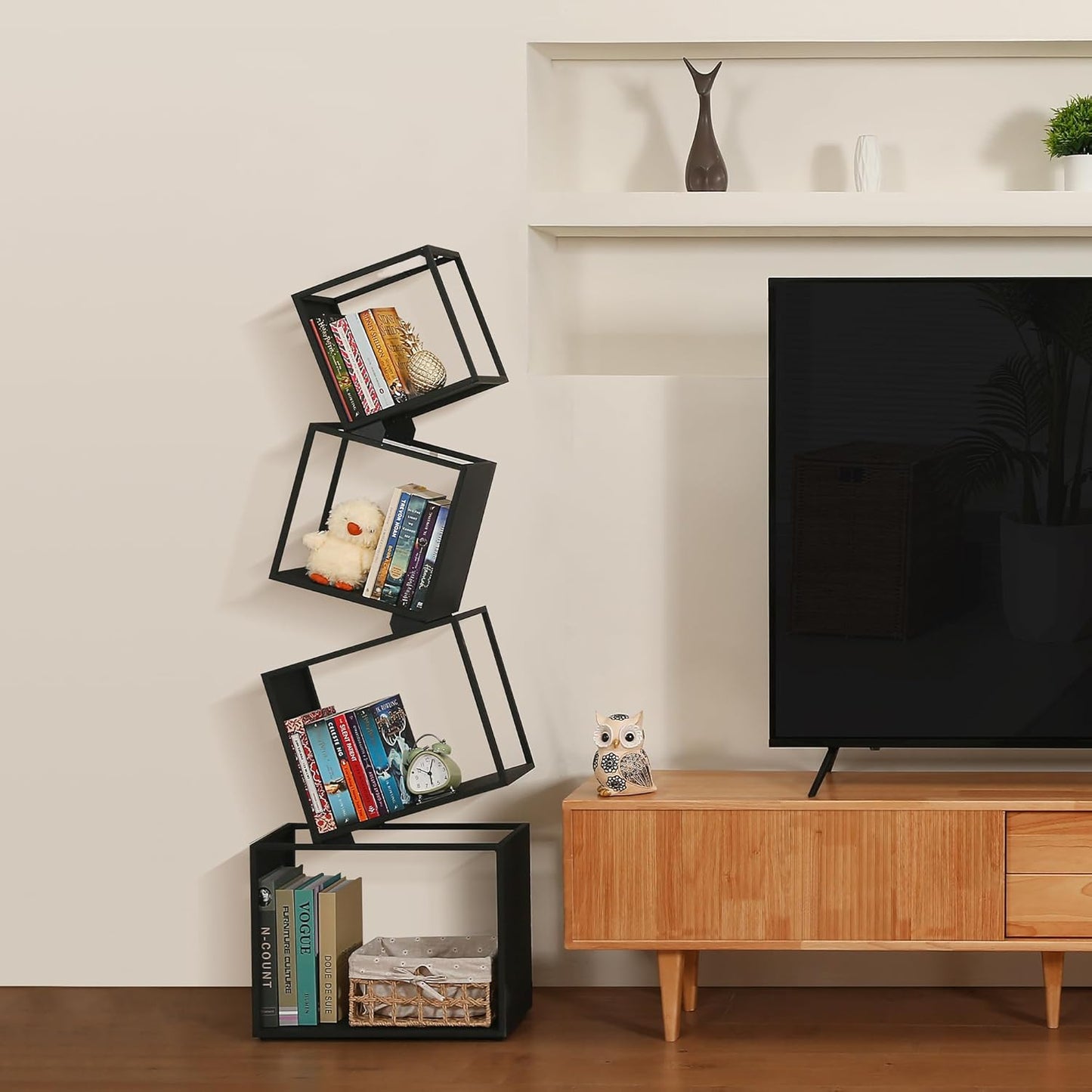Geometric Book Shelf 4 Tier, Black Metal Bookshelf 49 Inch, Mordern Narrow Bookcase, Skinny Corner Bookshelves for Bedroom, Living Room, Office, Home Decor