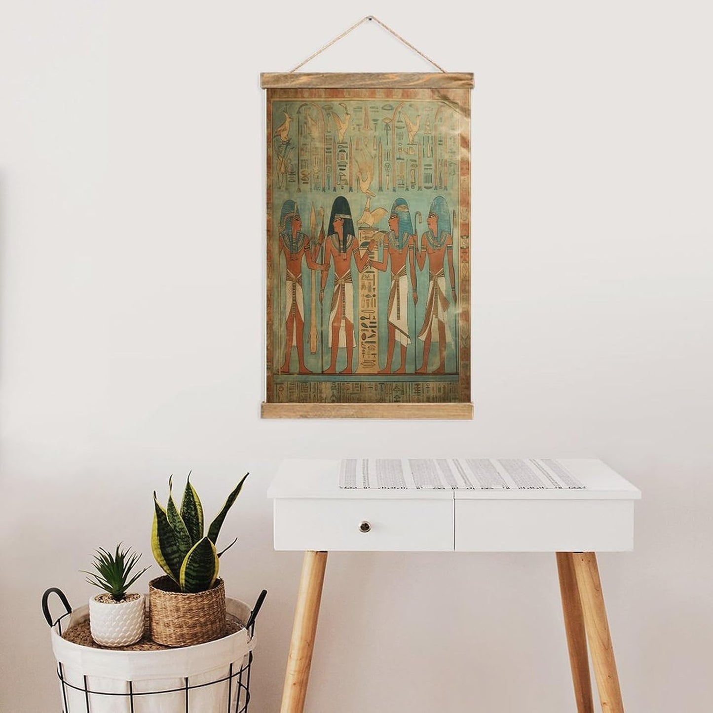 Vintage Women in Ancient Egypt Poster with Wooden Frame Personalized Linen Hanging Scroll Painting Rustic Wall Hanging Illustrative Modern Artwork Decor for Home Living Room Bedroom Office