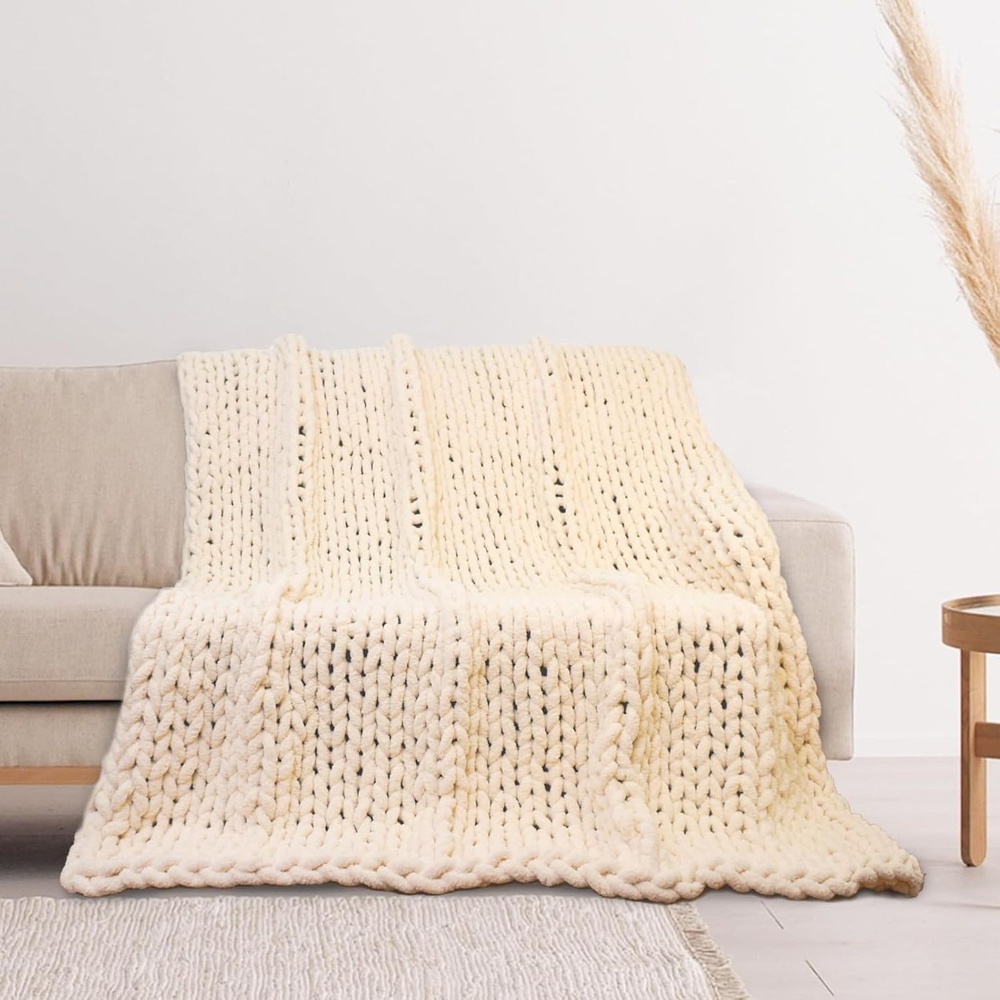 Chenille Chunky Knit Blanket Throw - Soft Chenille Yarn Throw Blanket,Warm Cozy Handmade Thick Cable Knit Crochet Blanket,Rope Knot Throw Blanket for Couch Home Decor (Beige, 50"*60")