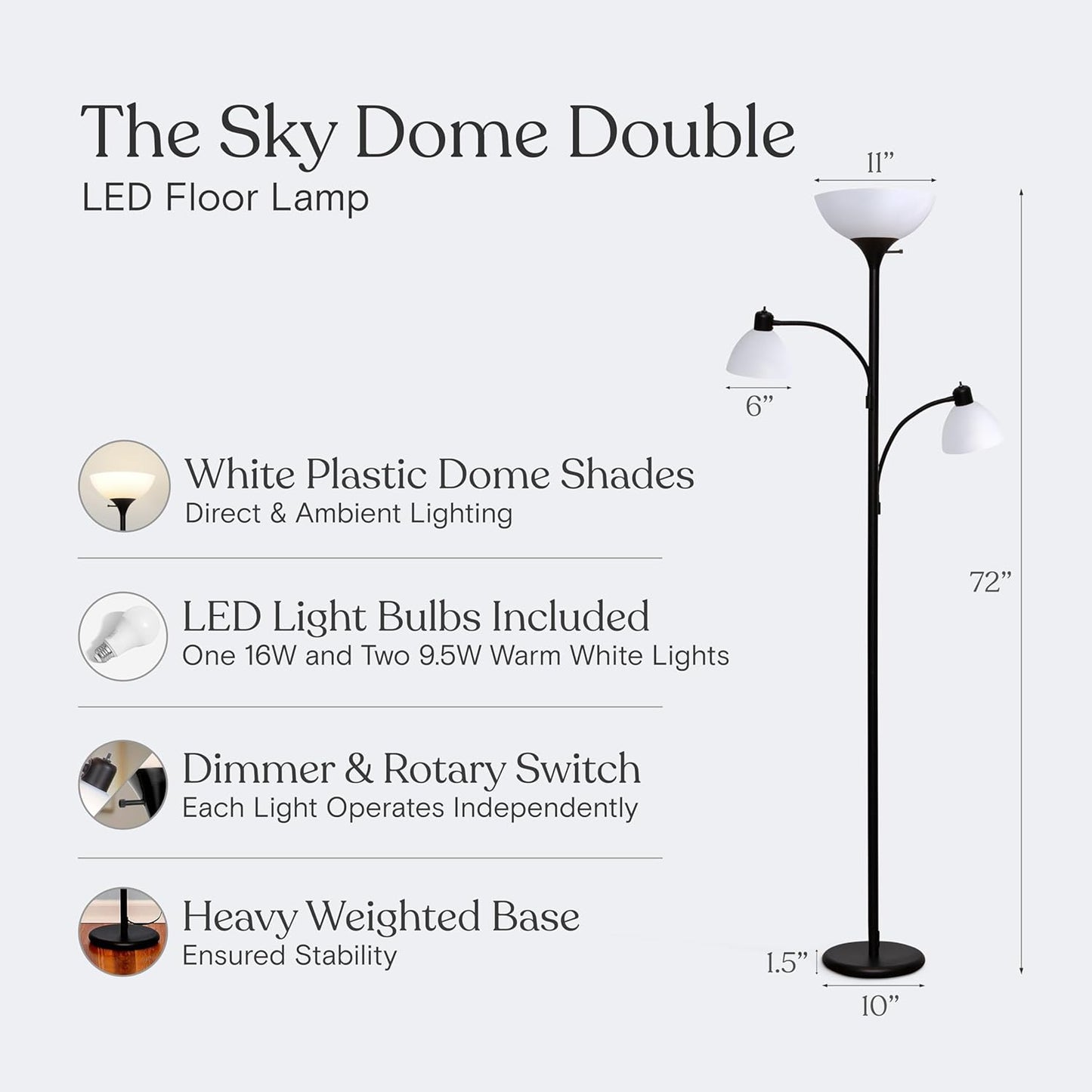 Brightech Sky Dome Double LED Floor Lamp, Torchiere Super Bright Floor Lamp with 2 Reading Lamps for Living Rooms & Offices - Dimmable Tall Standing Lamp for Bedroom Reading - Tall Black Pole