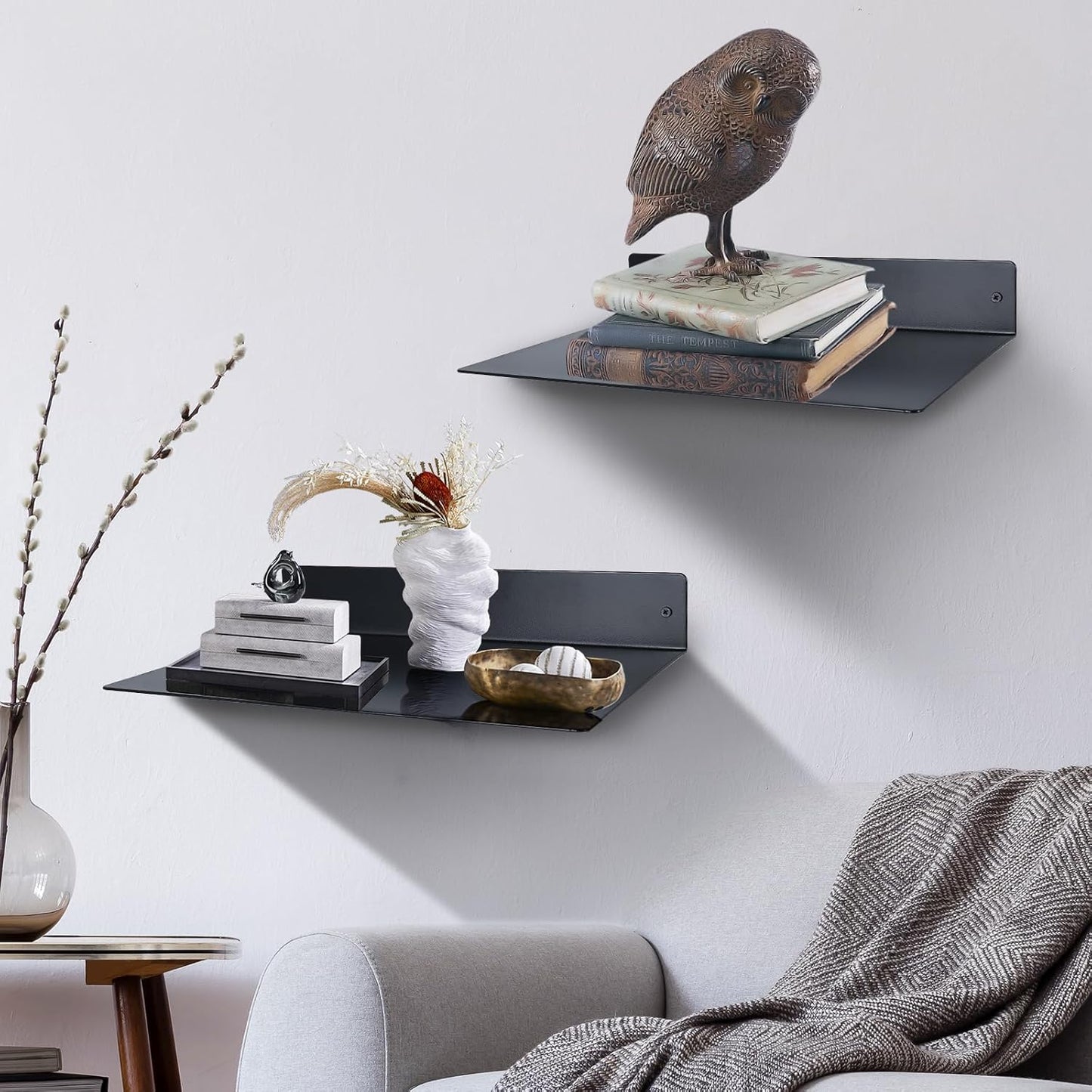 RealPlus Metal Floating Shelf Wall Mounted (12 inch x 8 inch) Heavy Duty Steel Display Shelves, Black