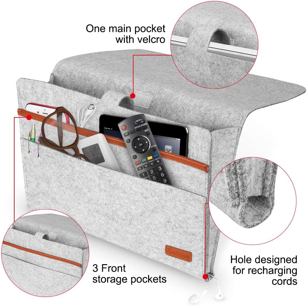 Bed Organiser, Felt Bed Bag, Non-Slip Bedside Bag, Sofa Bed Hanging Storage for Book, Magazines, iPad, Mobile Phone, Remote Control, Light Grey