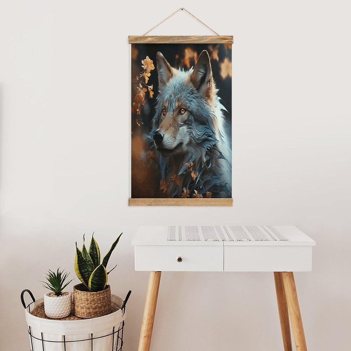 Vintage Autumn Leaves And A Wolf Poster with Wooden Frame Personalized Linen Hanging Scroll Painting Rustic Wall Hanging Illustrative Modern Artwork Decor for Home Living Room Bedroom Office
